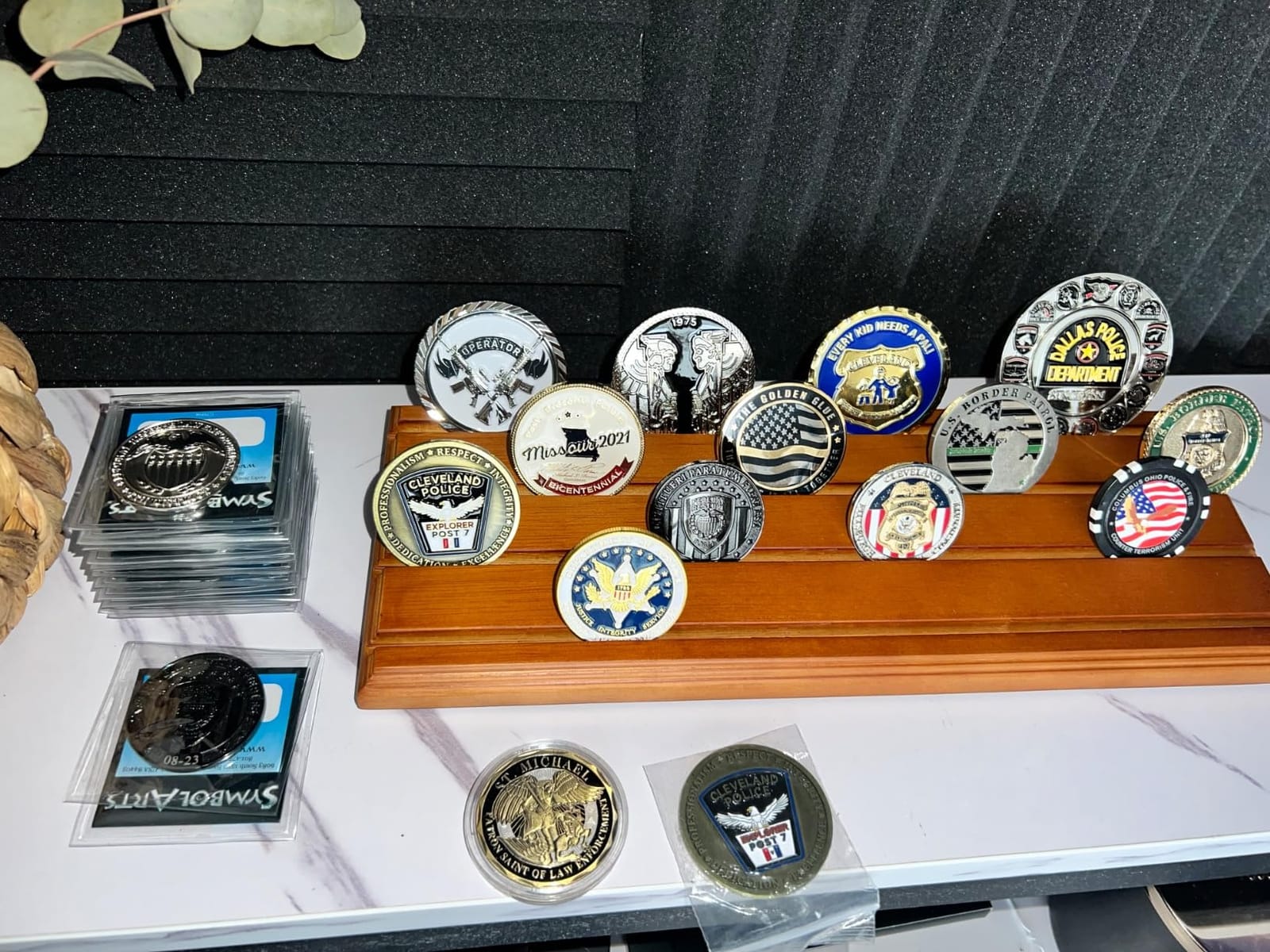 DisplayGifts Challenge Coin Display Stand 4 Row Wooden Holder Rack Case Holds 28 Coins Walnut Finish customer photo 1