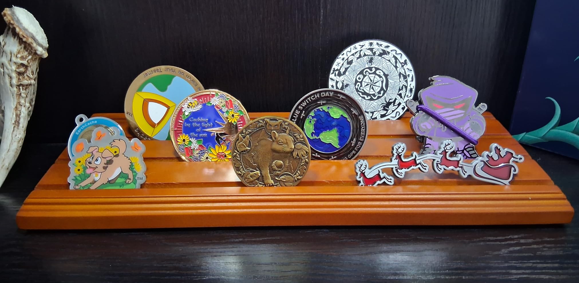 DisplayGifts Challenge Coin Display Stand 4 Row Wooden Holder Rack Case Holds 28 Coins Walnut Finish customer photo 2