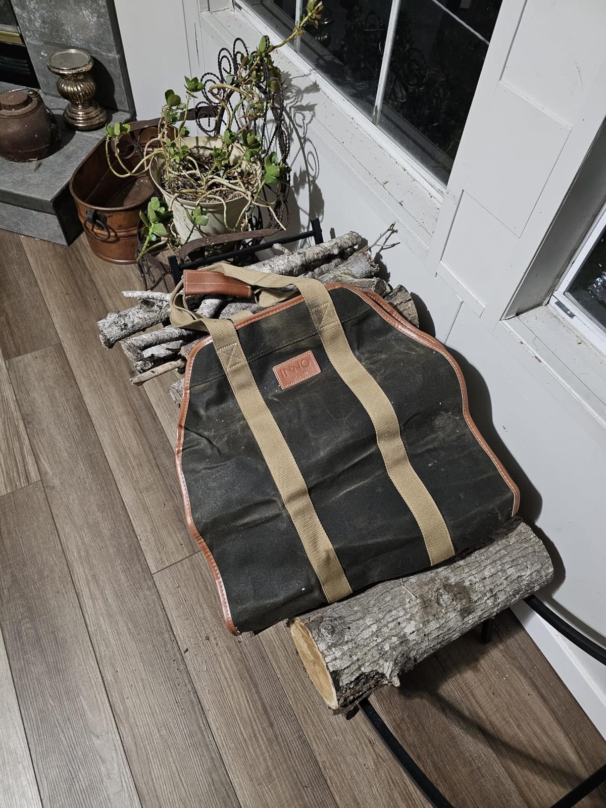INNO STAGE Waxed Canvas Firewood Carrier Bag, Log Carrier Tote, Green customer photo 2