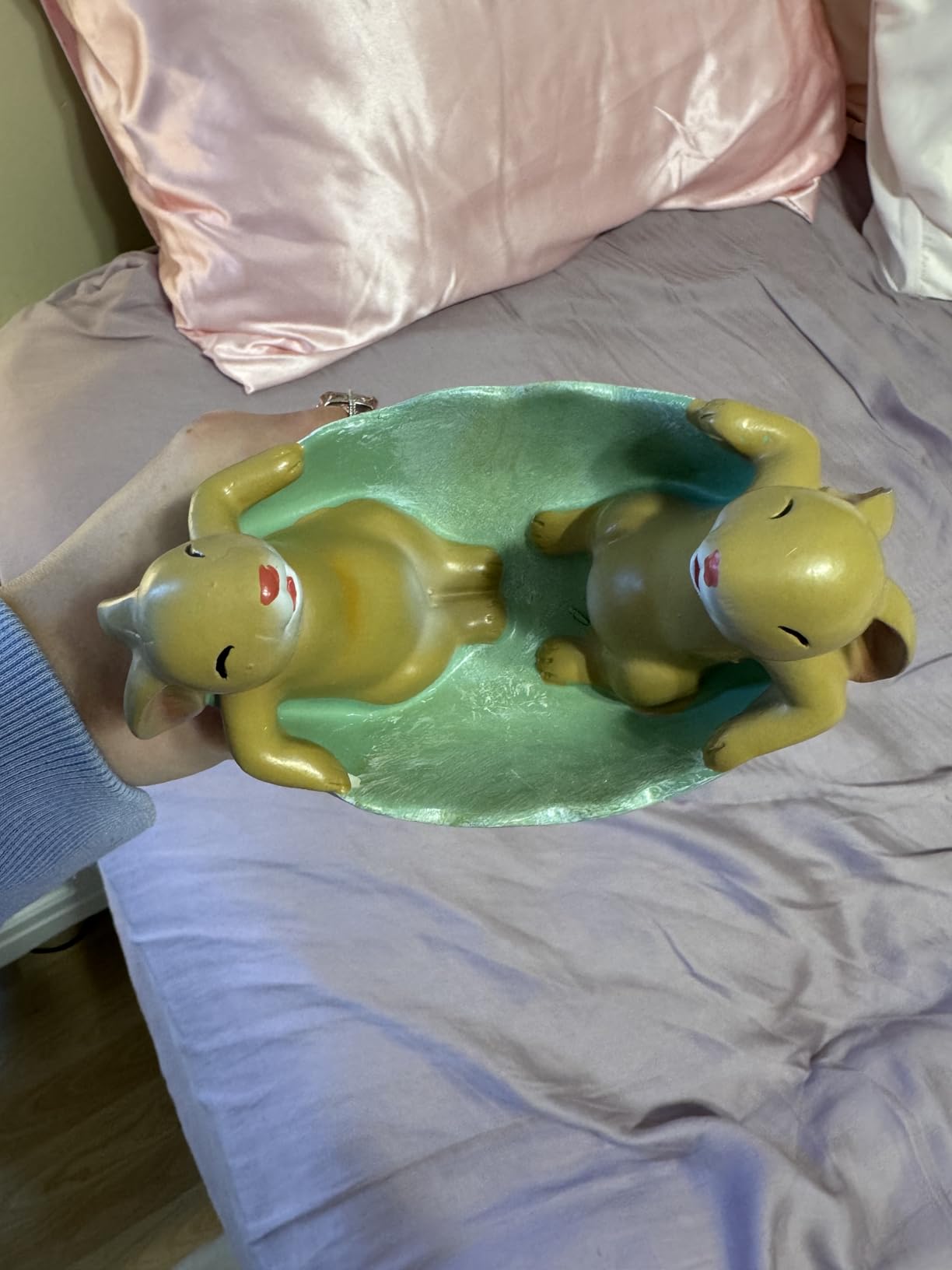 KiaoTime Laughing Bunny Rabbits Rocking in an Easter Egg Cradle Spring Easter Decoration Vintage Rustic Country Bunnies Rabbit Figurine Statue (Bunnies in a Cradle) customer photo 1
