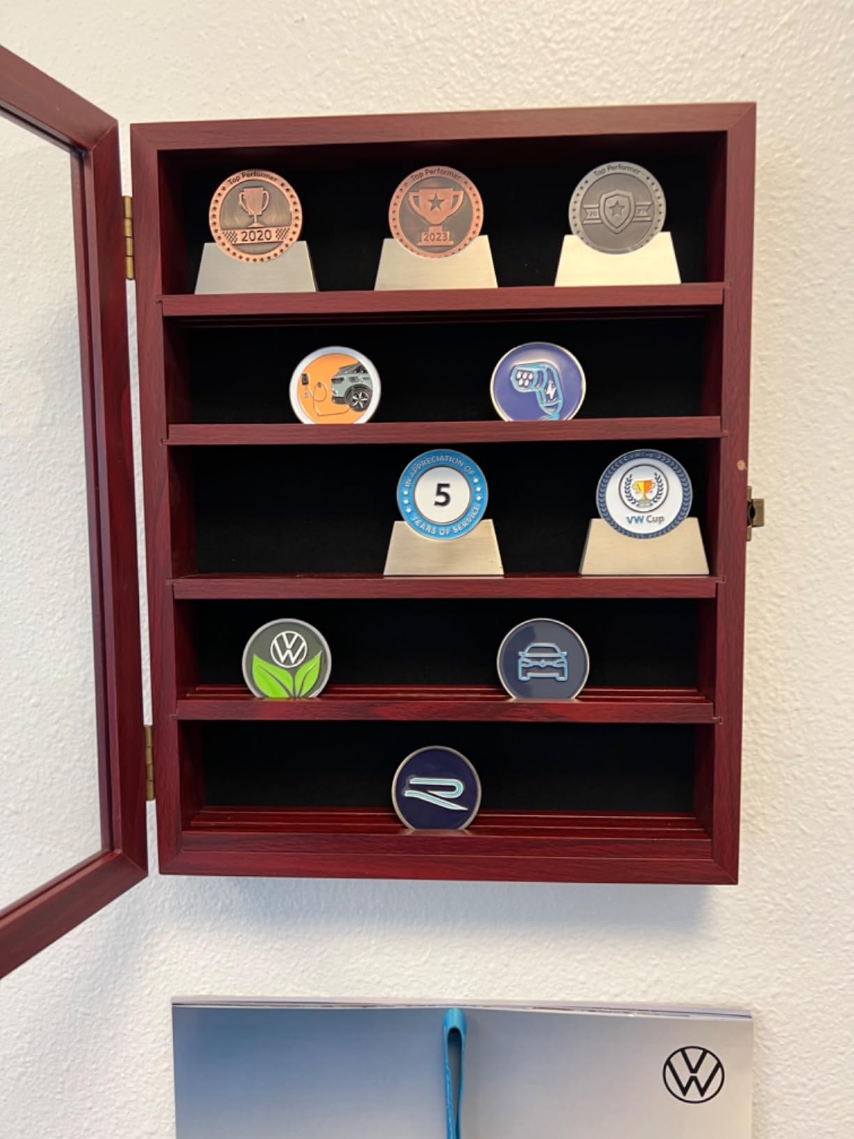 ASmileIndeep Military Challenge Coin Display Case, Wood Wall Cabinet with Tempered Glass, Wall-Mounted Coin Shadow Box with Removable 2-Groove Shelves for Military Challenge Coins, Mahogany customer photo 1