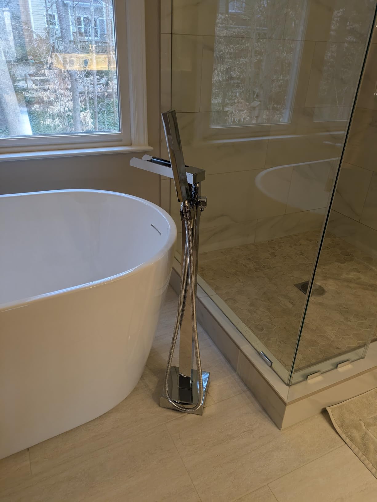 Wowkk Freestanding Bathtub Faucet Waterfall Tub Filler Brushed Nickel Floor Mount Brass Single Handle Bathroom Faucets with Hand Shower customer photo 1