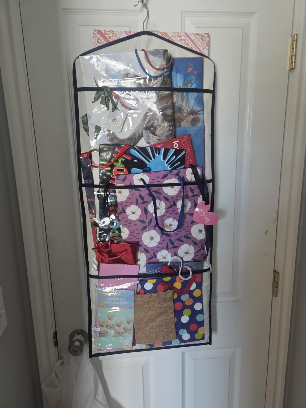 Gift Bag and Tissue Paper Storage, Hanging Organizer with Multiple Front and Back Pockets Double Sided, Organize Gift Wrap and Paper Bags 38 x 16 Inch (White) customer photo 1