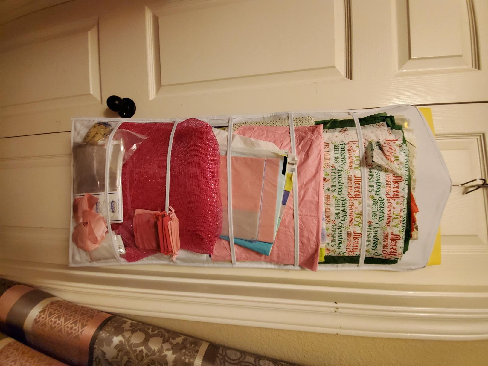 Gift Bag and Tissue Paper Storage, Hanging Organizer with Multiple Front and Back Pockets Double Sided, Organize Gift Wrap and Paper Bags 38 x 16 Inch (White) customer photo 2