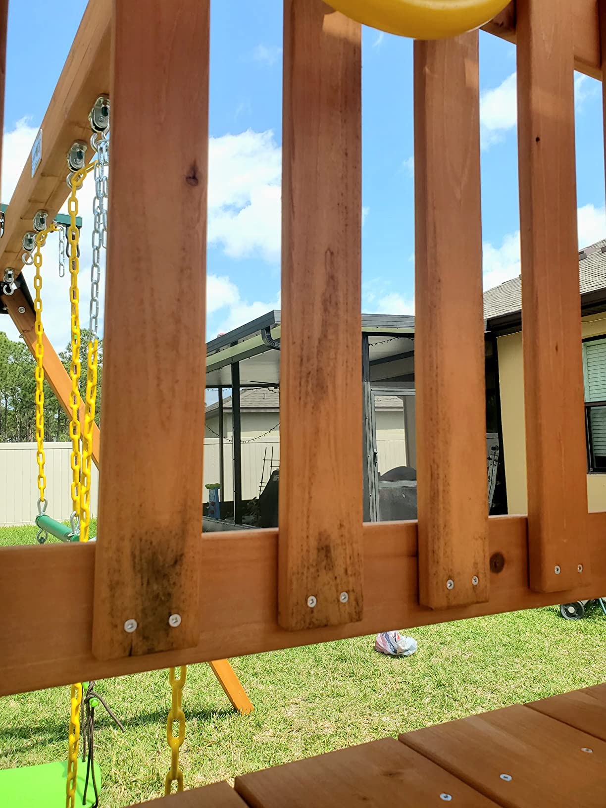 Gorilla Playsets 01-1069-Y Outing Wood Swing Set with Wood Roof and Monkey Bars - Yellow Slide, Amber customer photo 1