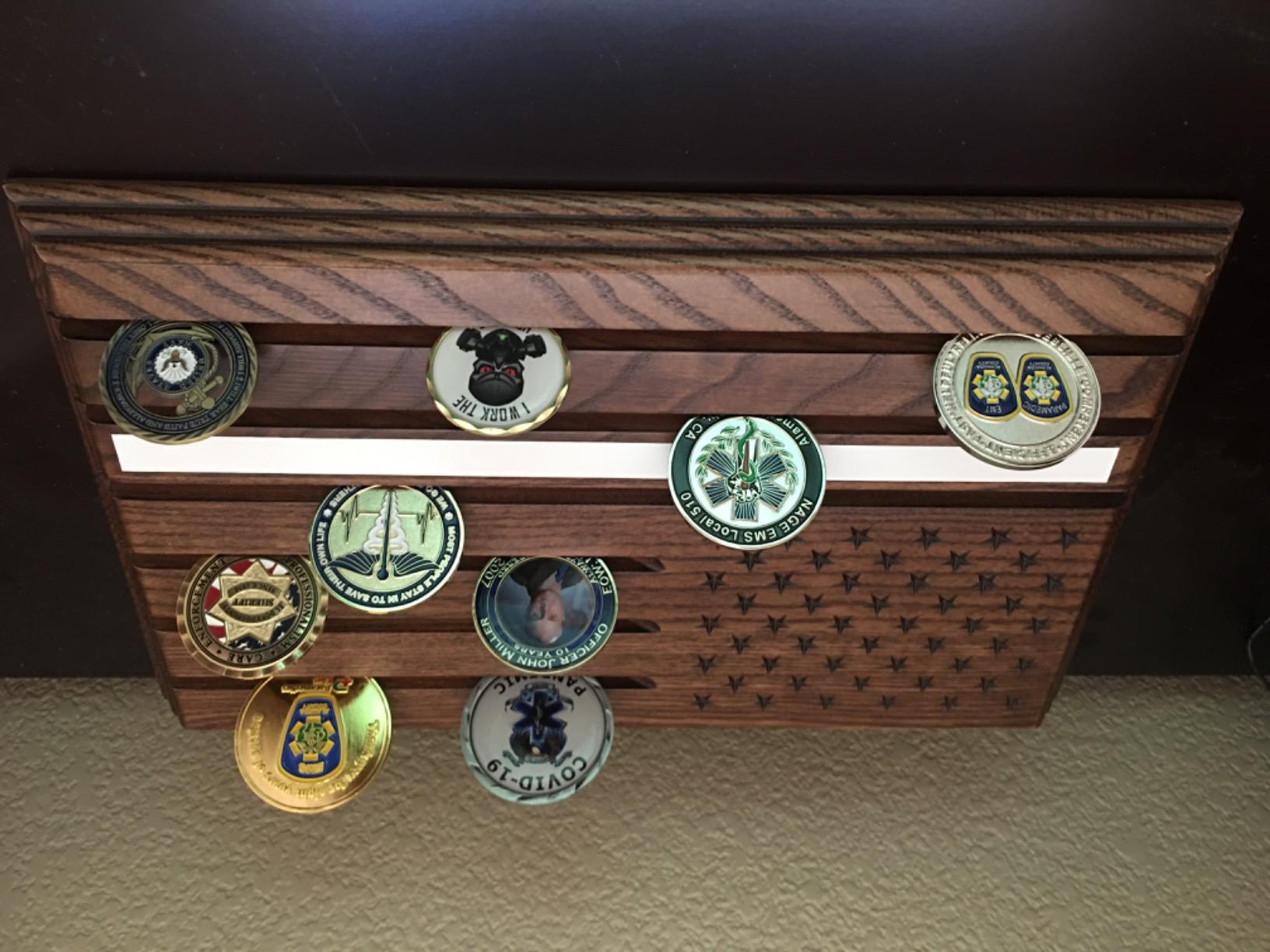TESLYAR 6 Rows Military Challenge Coins Display Stand - Wooden Holder for 30-36 Coins - Solid Wood Display Rack for Desk - Army Collectible Challenge Coin Display Case - American Flag Design (Brown) customer photo 1