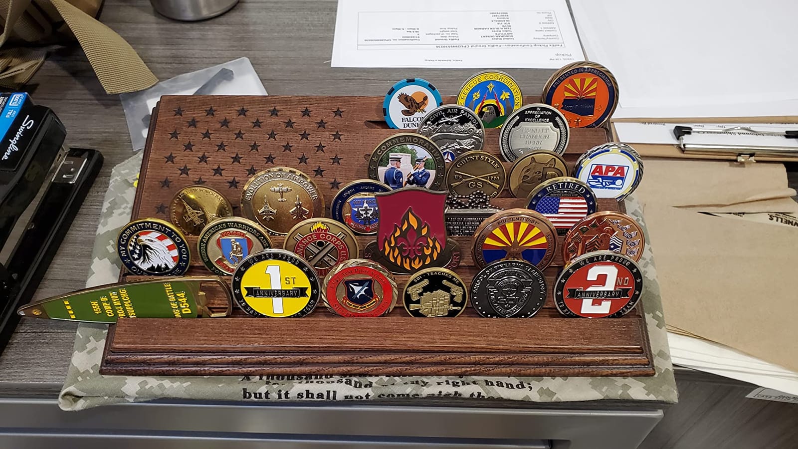 TESLYAR 6 Rows Military Challenge Coins Display Stand - Wooden Holder for 30-36 Coins - Solid Wood Display Rack for Desk - Army Collectible Challenge Coin Display Case - American Flag Design (Brown) customer photo 2