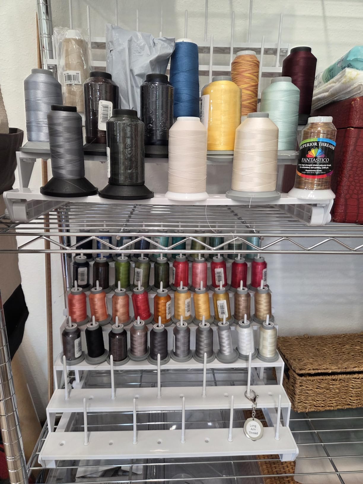 Sew Tech Thread Rack for 60 Spools or 30 Cones, Wall Mounted Large Thread Holder with Long Pegs, Bright White Plastic Thread Stand for Embroidery Serger Sewing Thread Storage and Hair Braiding customer photo 1