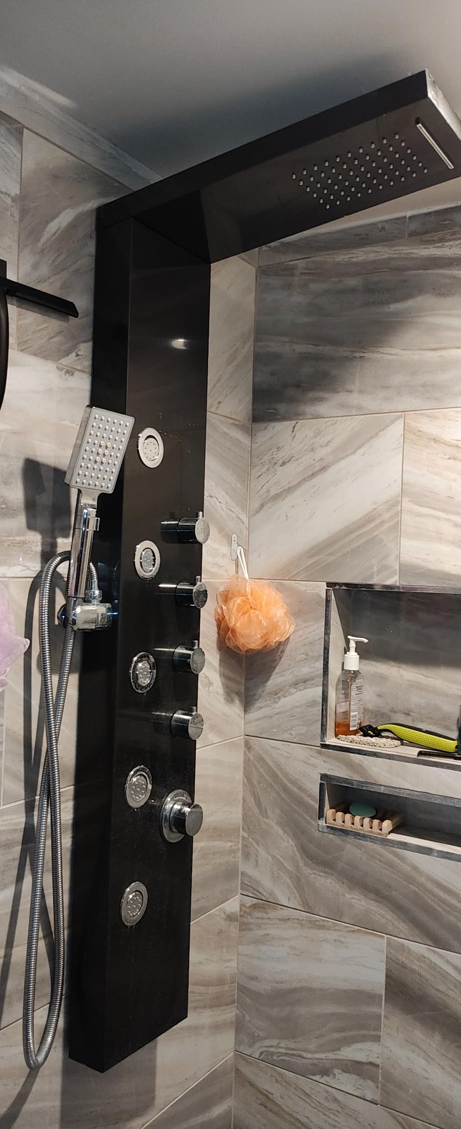 Shower Panel Tower System, Multi Function Shower System with Body Jets, Handheld Sprayer, Rainfall Waterfall Shower Head and Tub Spout Stainless Steel Wall Mount Shower Panels Black customer photo 1