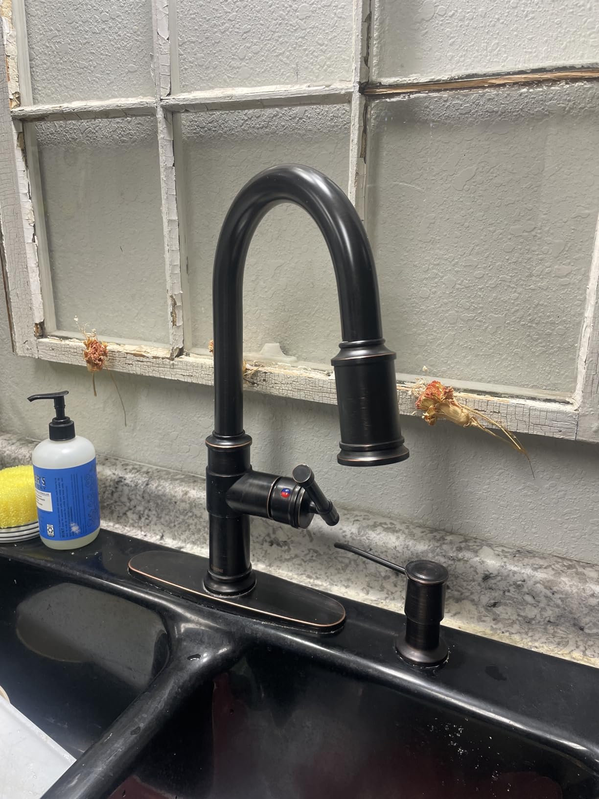 Antique Oil Rubbed Bronze Kitchen Sink Faucet with Soap Dispenser, DAYONE Pull Down Farmhouse Faucet for Sink with 3 Mode Sprayer, Single Handle High Arc, DAY-APS136-ORB customer photo 1