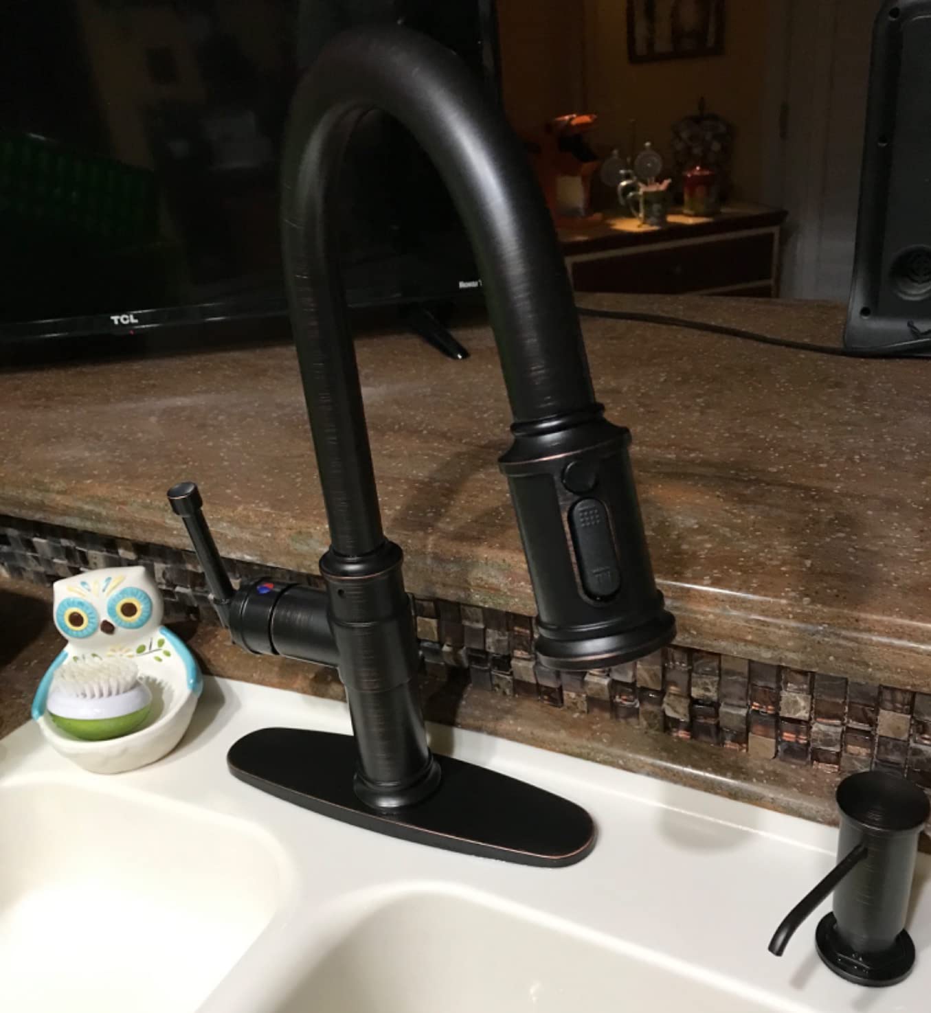 Antique Oil Rubbed Bronze Kitchen Sink Faucet with Soap Dispenser, DAYONE Pull Down Farmhouse Faucet for Sink with 3 Mode Sprayer, Single Handle High Arc, DAY-APS136-ORB customer photo 2