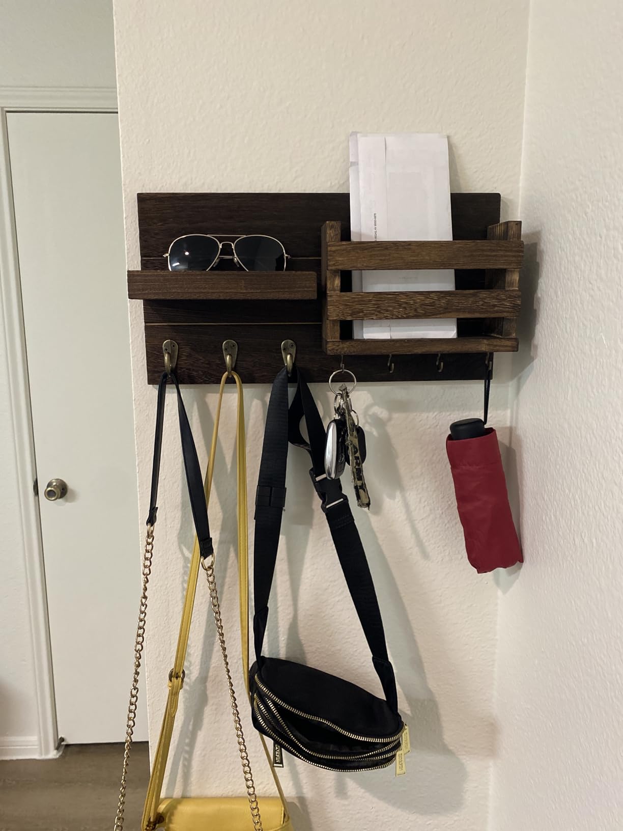 Lwenki Mail Organizer for Wall Mount – Key Holder with Shelf Includes Letter Holder and Hooks for Coats, Dog Leashes – Rustic Wood with Flush Mounting Hardware (16.5” x 8.7” x 3.5”) customer photo 2