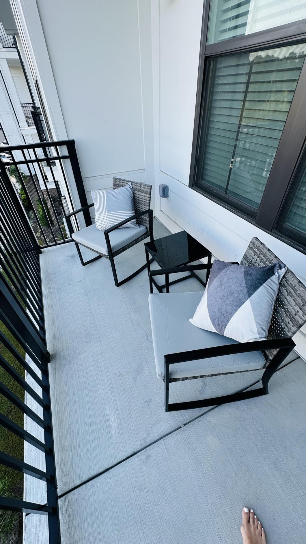 Qsun 3 Pieces Patio Furniture Set Rocking Bistro Set Outdoor Rattan Conversation with Coffee Table for Garden Balcony Backyard Poolside (Grey Cushion) customer photo 1