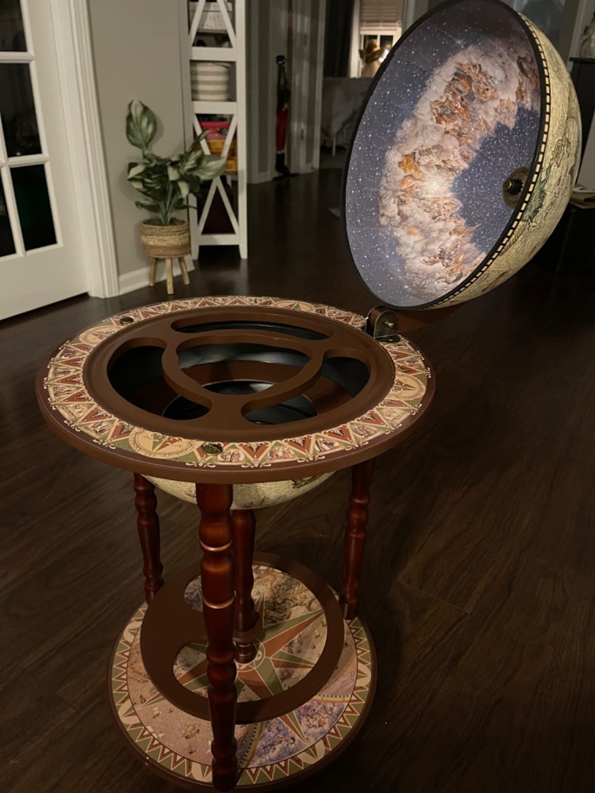 LDAILY Moccha 17’’ Globe Wood Wine Bar Stand, 16th Century Italian Replica Liquor Bottle Shelf w/Wheels, Wood Wine Cart Cabinet, Globe Wine Organizer for Spirits, Beverages Stemware (Creamy White) customer photo 2