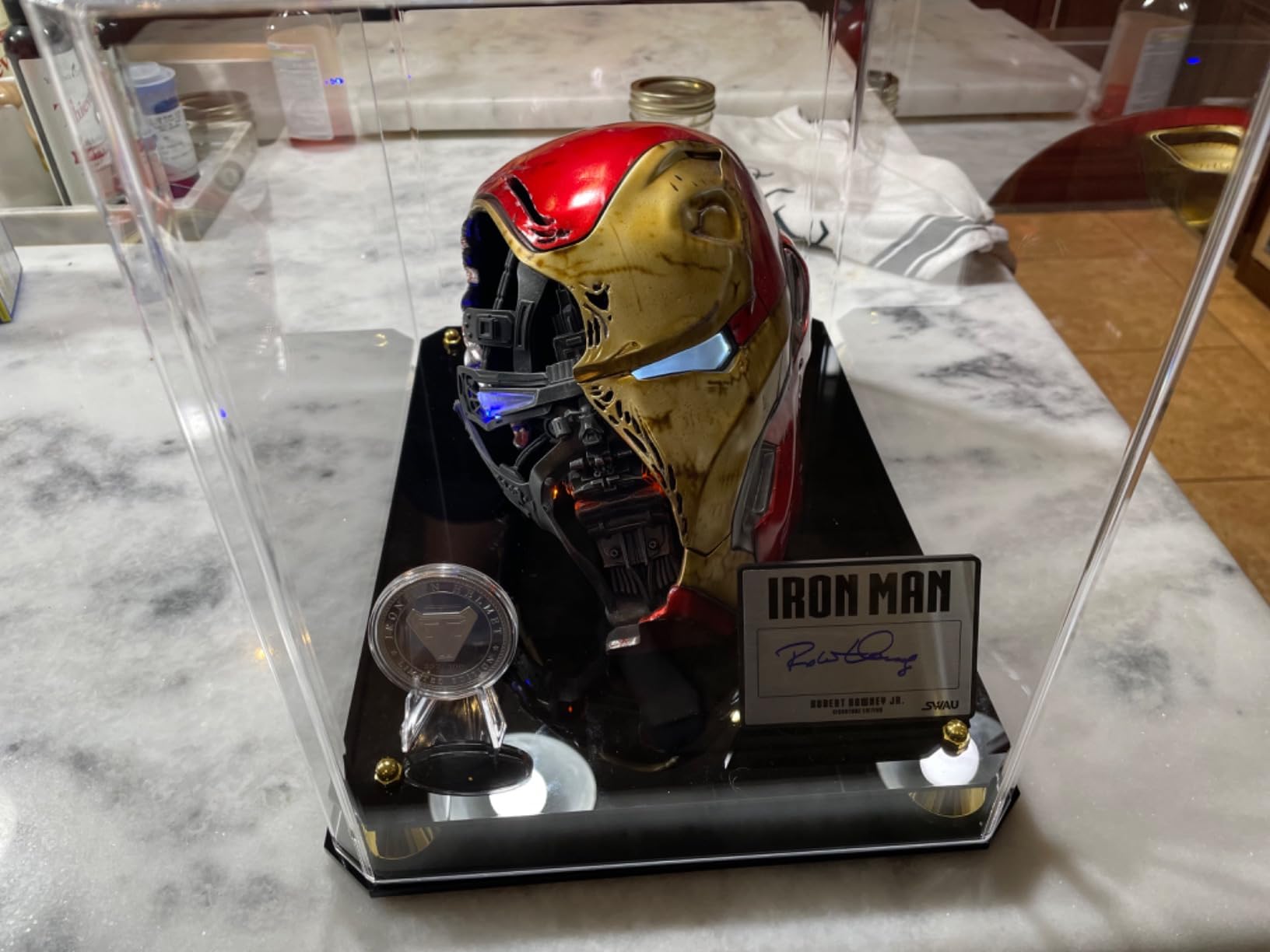 Pro Collector's Football Helmet Display Case Stand aslo fits Full Size Baseball, Ice Hockey, Motorcycle Helmets, One-Piece-Cover for Better Seal, Showcase with 98% UV Protection customer photo 1