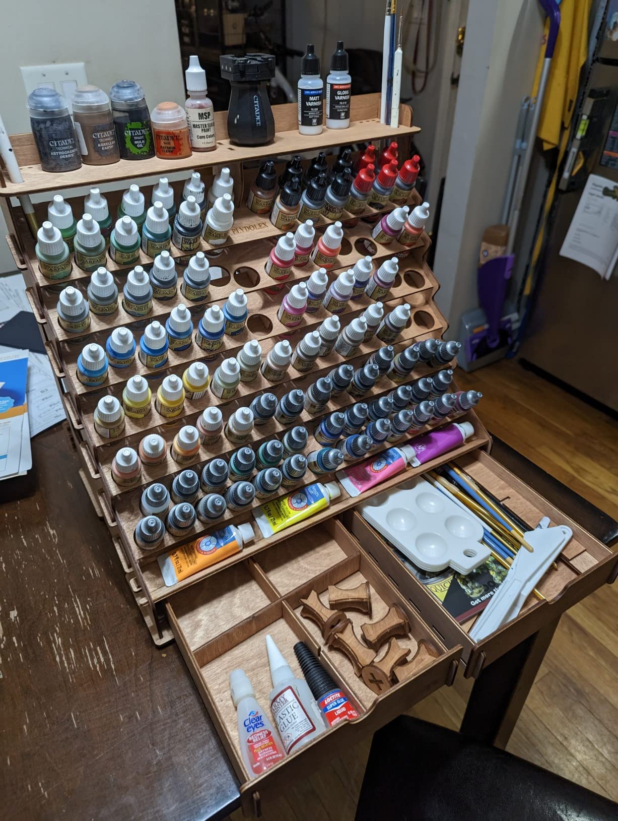 Plydolex Plywood Storage Rack - 105 Bottle Holes for 17 ml Vallejo Paints, 14 Paintbrush Slots, 6 Miniature Stands, 2 Drawers, a Shelf & a Brush Tray - Works for DnD, Warhammer 40K and Other Minis customer photo 2