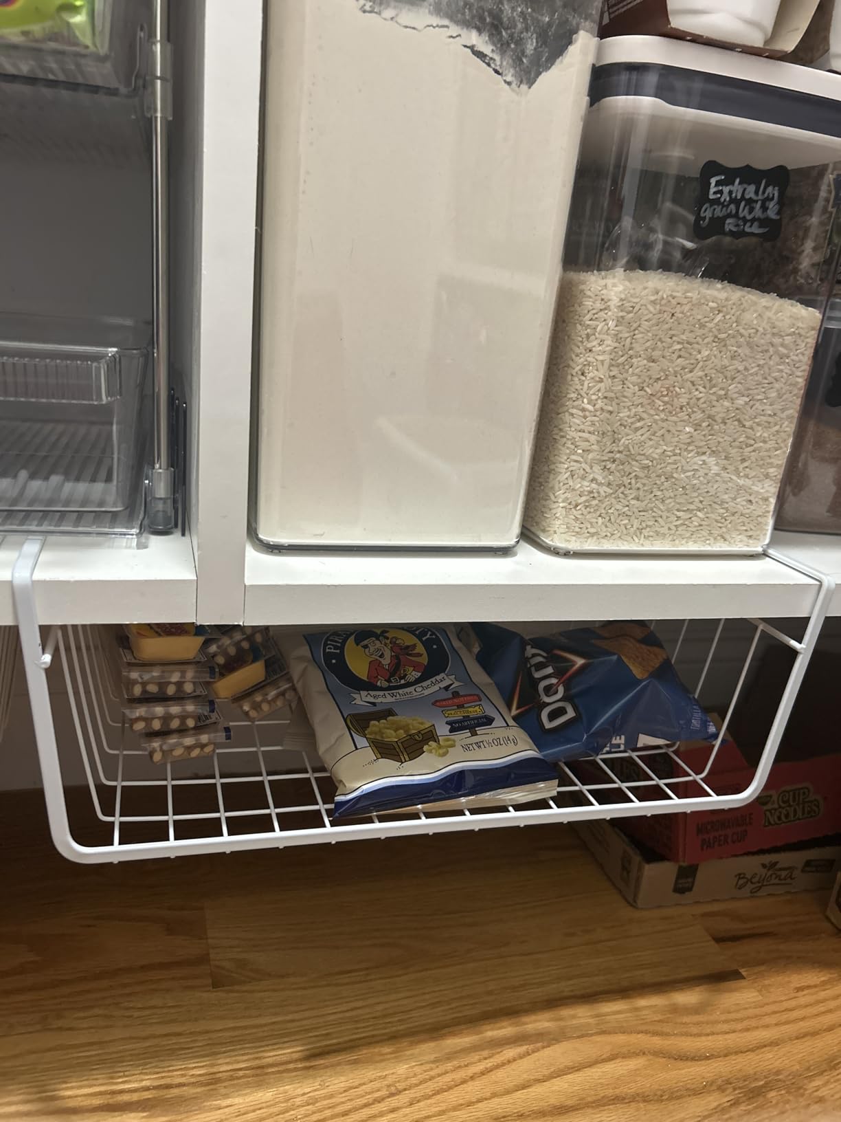 Tebery 4 Pack White Under Shelf Wire Basket Hanging Storage Baskets, Under Cabinet Add-on Storage Racks Slide-in Baskets Organizer for Kitchen Pantry Desk Bookshelf customer photo 2