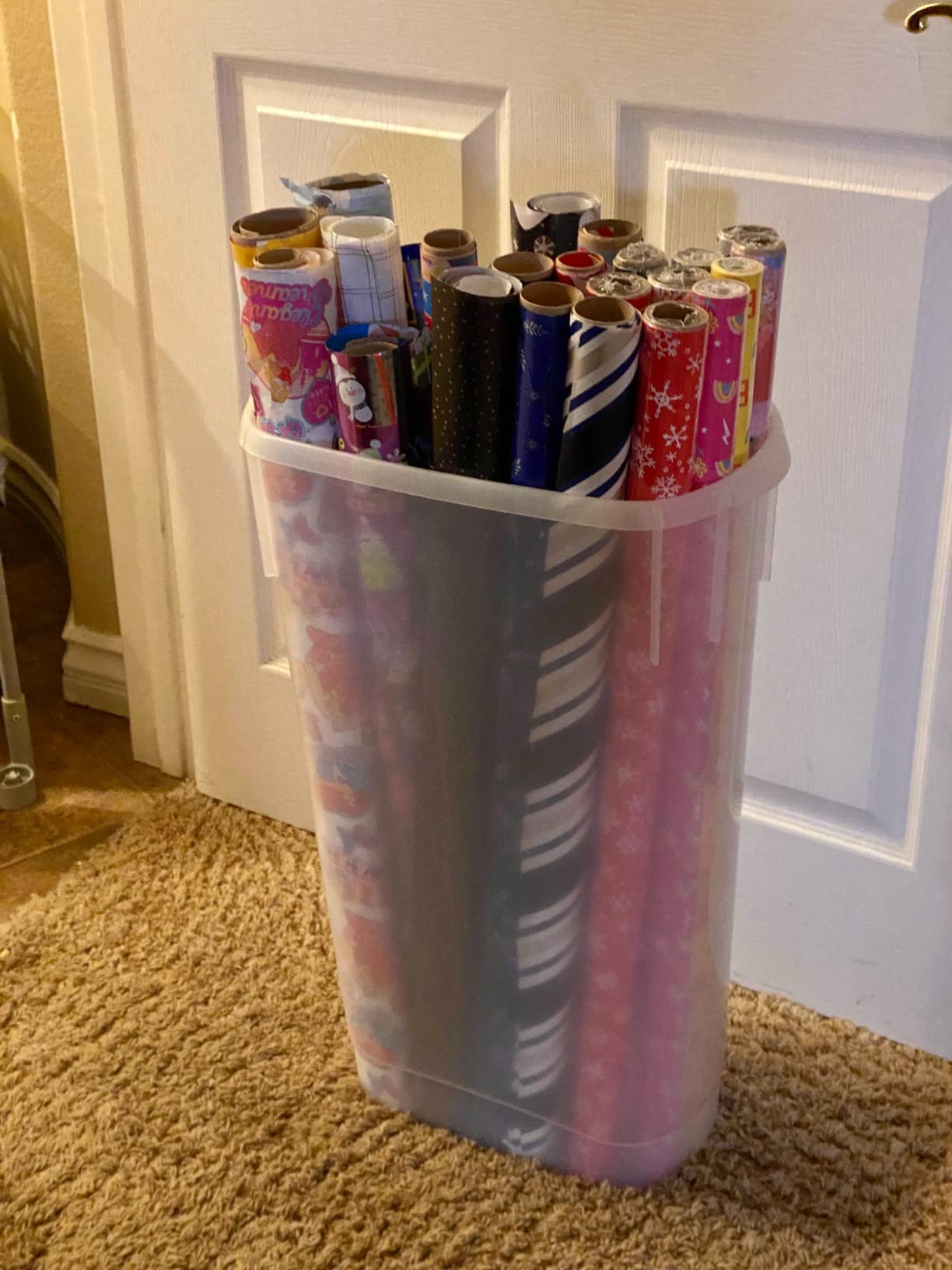 Rubbermaid Wrap N' Craft Plastic Wrapping Paper Organizer Storage Container with Top Ornament Storage Compartment for 20 Standard 30 Inch Rolls, Clear customer photo 2