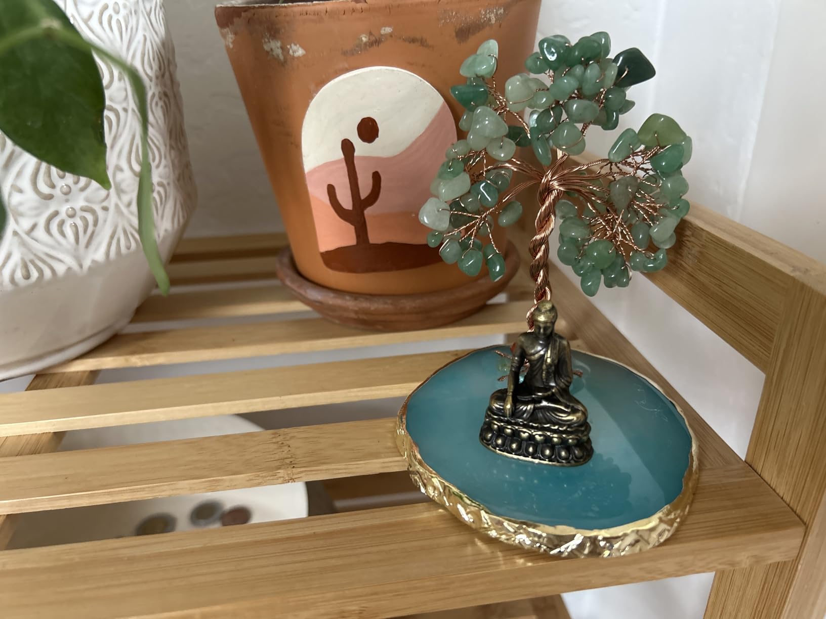 Buddha Statue with Healing Crystal Tree, Tree of Life for Positive Energy. Home Decor Yoga Meditation. Green.(B) customer photo 2