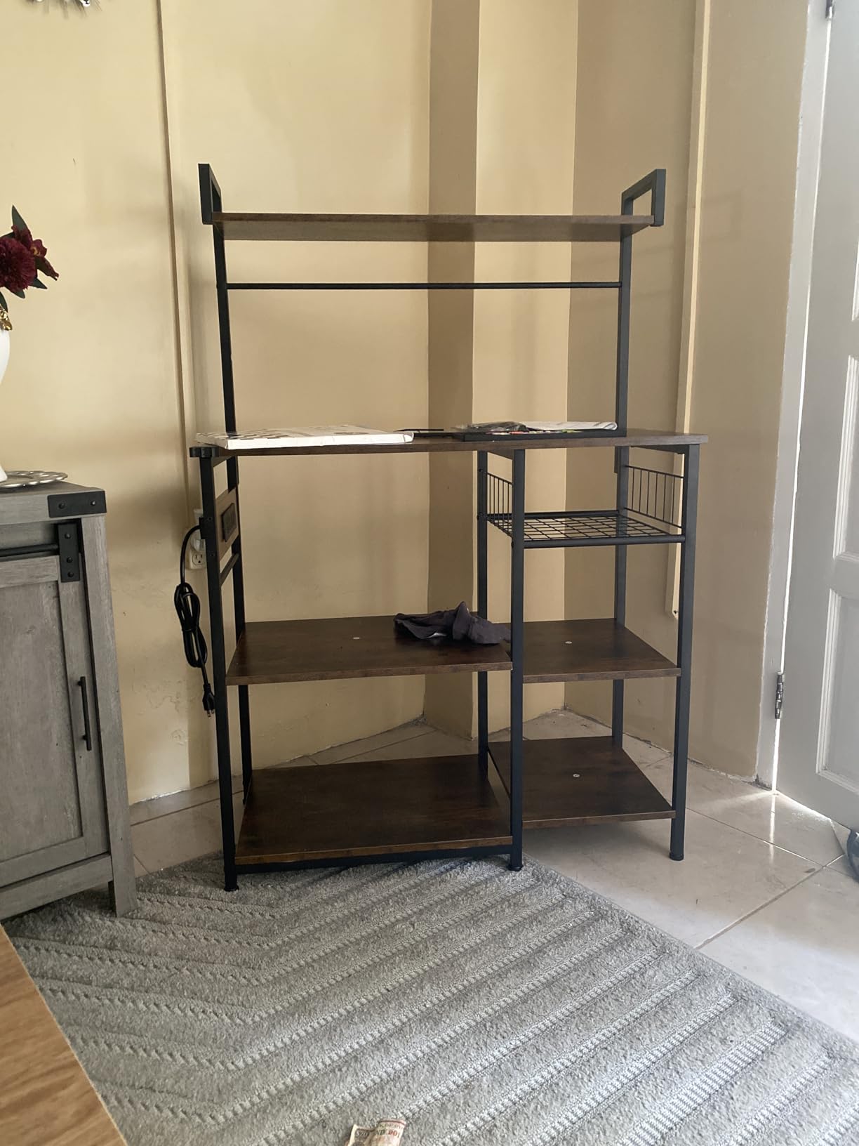 HOOBRO Bakers Rack with Power Outlet, 35.4 Inches Coffee Bar with Mesh Basket, Microwave Stand with 4 S-Shaped Hooks, Kitchen Bakers Rack with Storage, Easy to Assemble, Rustic Brown BF05HB01 customer photo 1