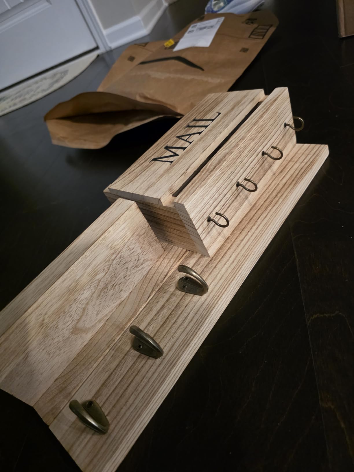 Lwenki Mail Organizer for Wall Mount – Key Holder with Shelf Includes Letter Holder and Hooks for Hallway Farmhouse Decor – Rustic Wood with Flush Mounting Hardware (16.5” x 9.1” x 3.4”) (White) customer photo 1