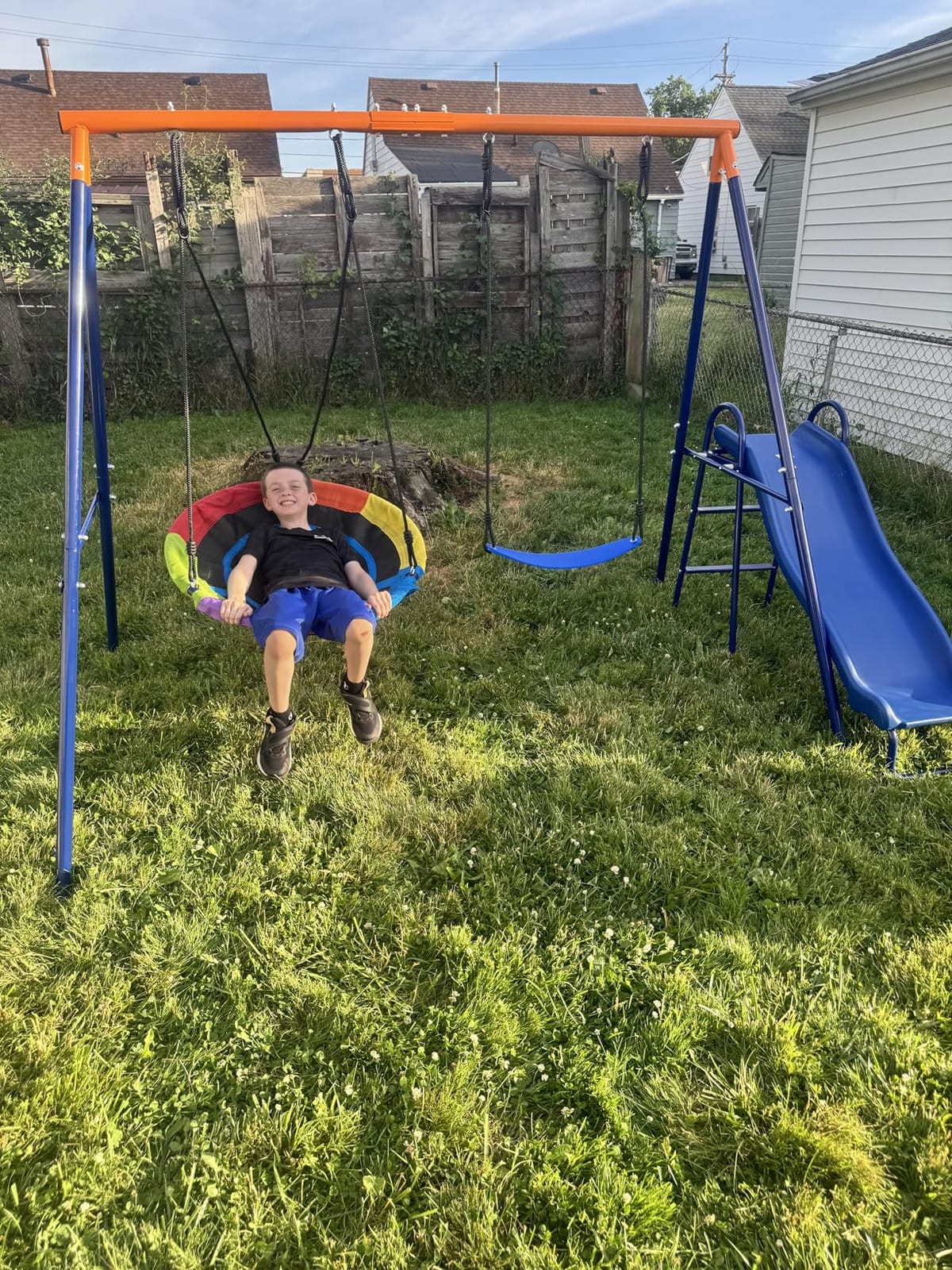 Lunafun Swing Sets for Backyard with Trampoline 440lbs with Heavy-Duty Metal A-Frame Outdoor Swing Set with 1 Saucer Swing Seat 1 Swings Seat & 1 Trampoline customer photo 1
