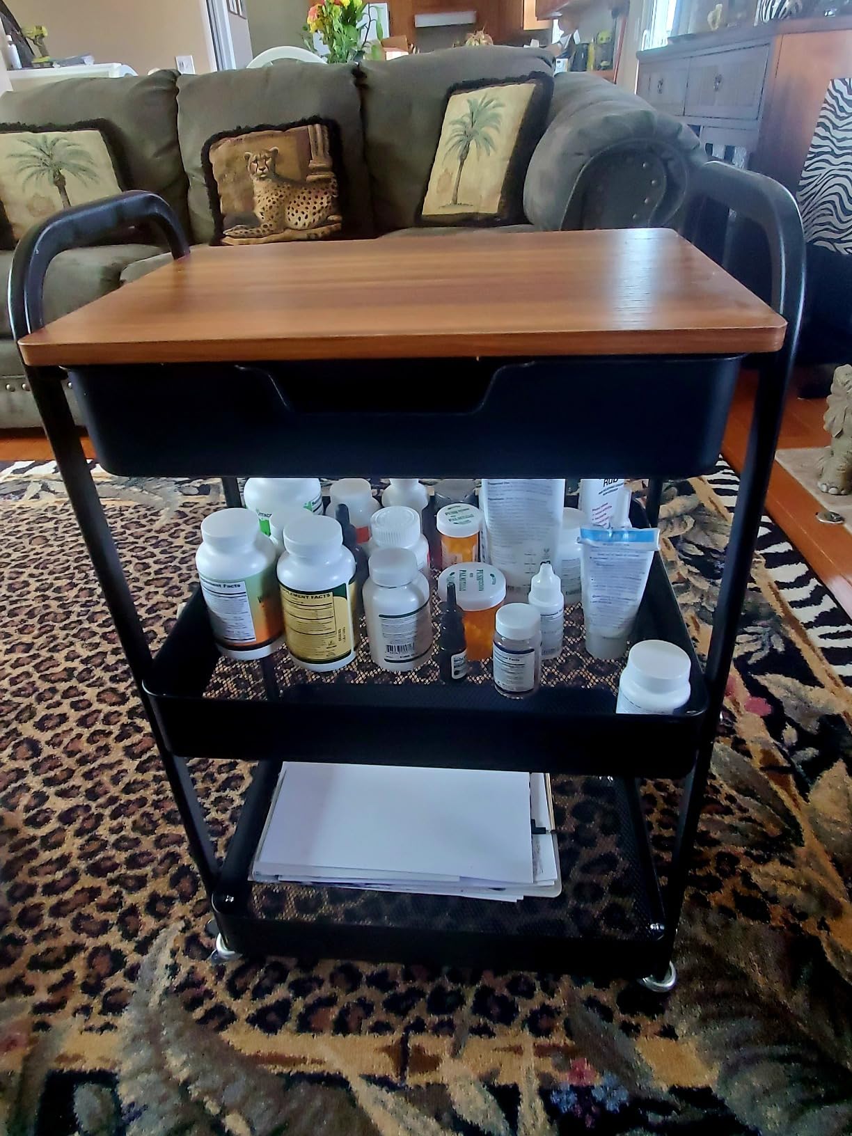 3 Tier Rolling Cart with Drawer, Metal Utility Cart with Table Top customer photo 2