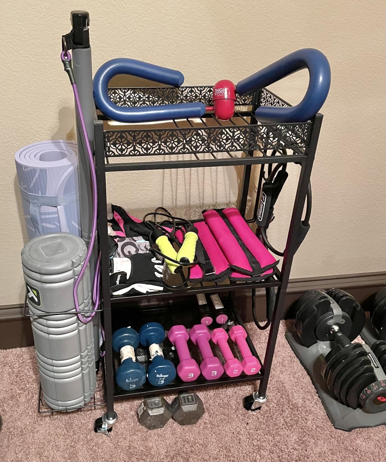 VOPEAK Home Gym Storage Rack, 3-Tier Yoga Mat Storage with Wheels & Hooks customer photo 2