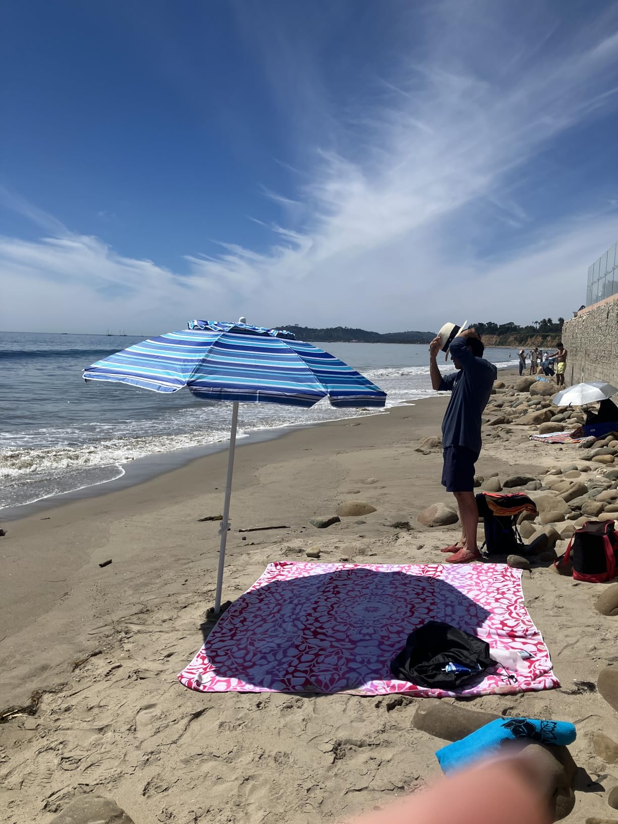 Aoxun 6.5ft Beach Umbrella with Tilt Pole, Portable Sand Anchor and Carry Bag, UPF 50+ Sun Shelter Air Vents Design for Outdoor Activities (Navy Blue & White) customer photo 2