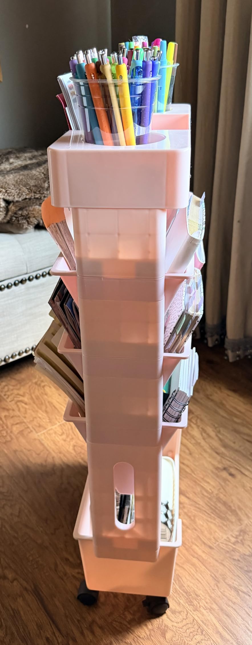 Pink Rolling Office Paper Organizer, Mobile Book Cart Document Folder File Storage with Pen Holder, Slim Rolling Storage Cart Movable Bookshelf for Office, Dorm, Classroom, Nursery customer photo 1