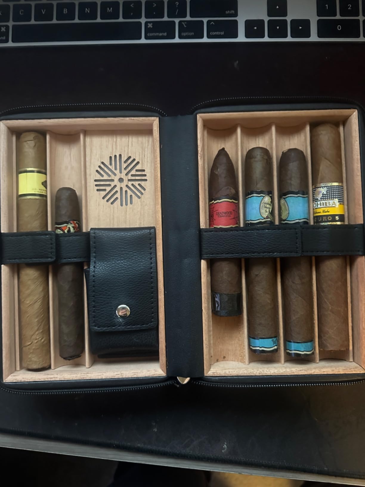TISFA Cigar Humidor, Leather Cedar Wood Cigar Case with Cigar Lighter, V Cut Cigar Cutter, Cigar Holder 3 in 1, Portable Travel Cigar Humidor Box with Humidifier (Brown) customer photo 2