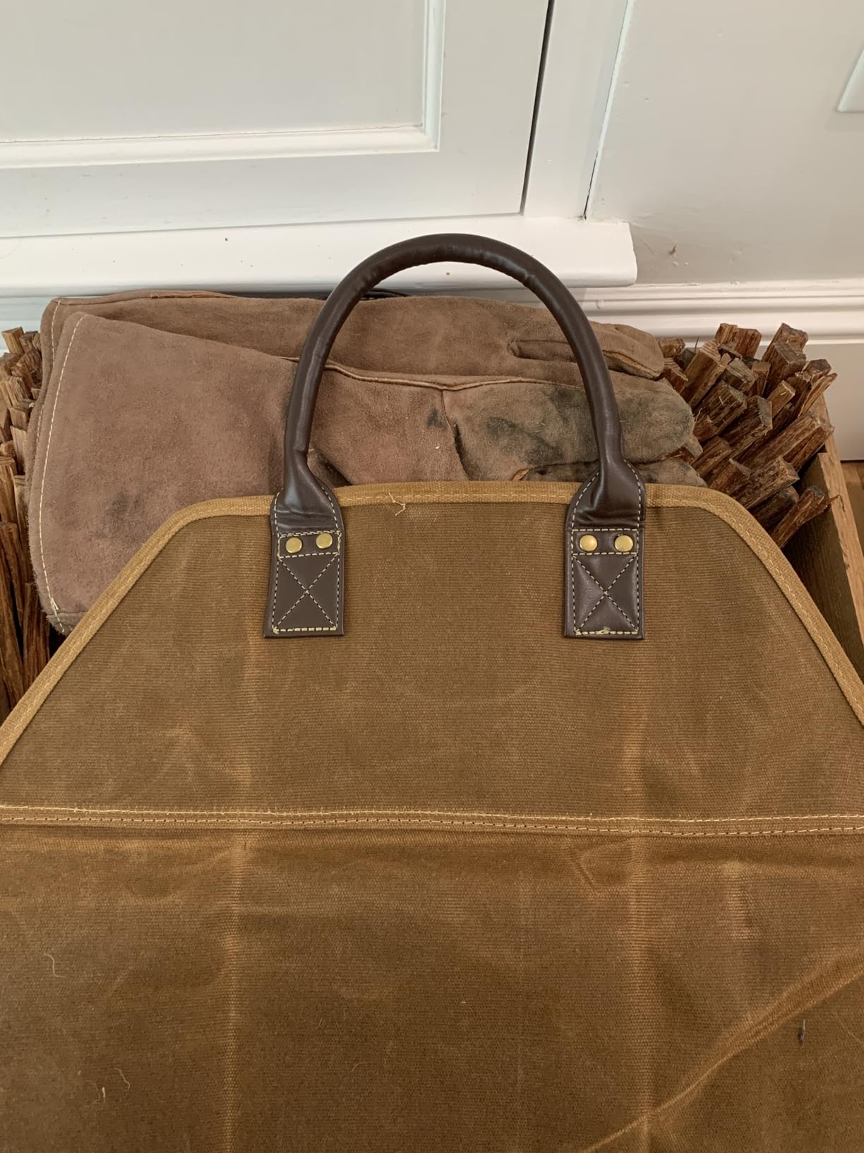 GOOD GAIN Firewood Carrier With Handle,39x18in Canvs Wood Carrier,Rust customer photo 2