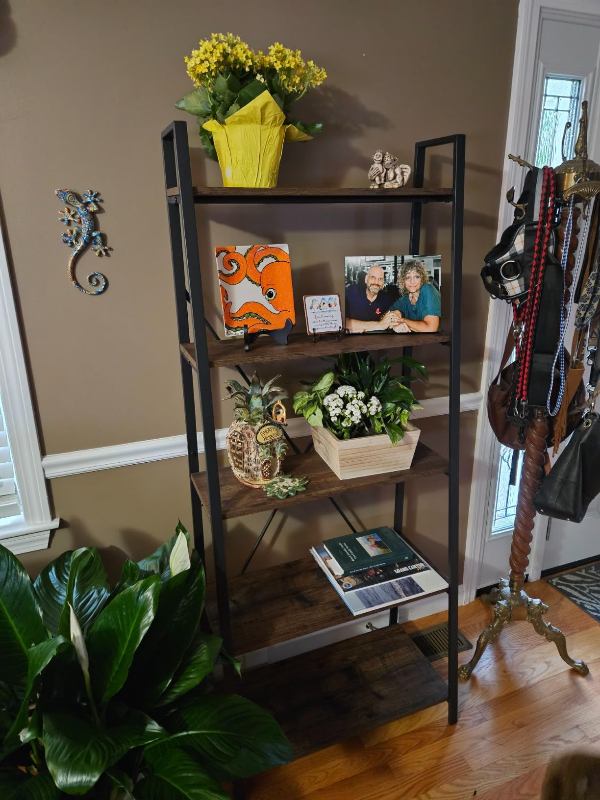 BON AUGURE Ladder Shelf Bookcase, 5-Tier Industrial Ladder Bookshelf, Tall Living Room Shelves, Wood and Metal Leaning Shelf for Home Office, Kitchen, Bedroom, Balcony (Rustic Oak) customer photo 1