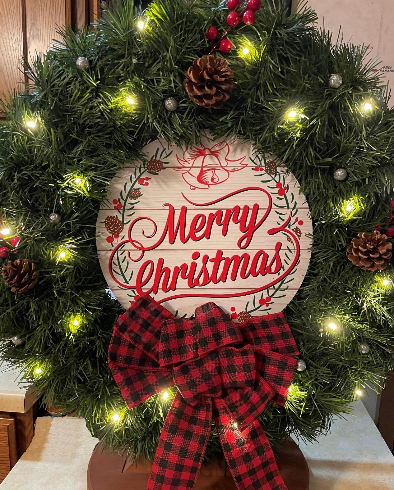 24 Inch 2FT Christmas Wreath, 30 LED Lights Christmas Wreaths for Front Door with Bow Red Berries Pine Cones, Prelit Timer Home Decor, Xmas Wall Windows Decorations Indoor Outdoor customer photo 1