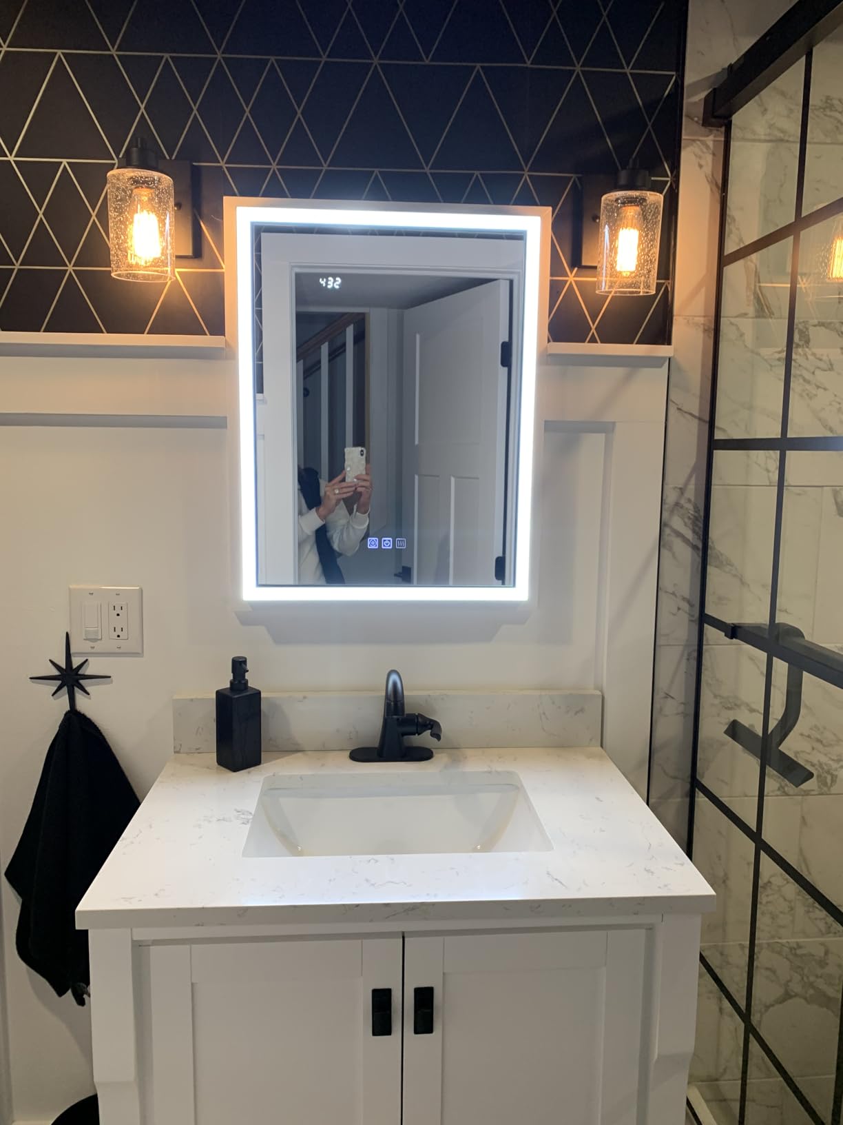 LED Medicine Cabinet with Mirror, 24x32 Surface or Recessed Lighted Medicine Cabinet with Mirror, Dimmable Fogless Aluminum Medicine Cabinet with Outlet, Time Display& Built-in Sensing Light customer photo 1