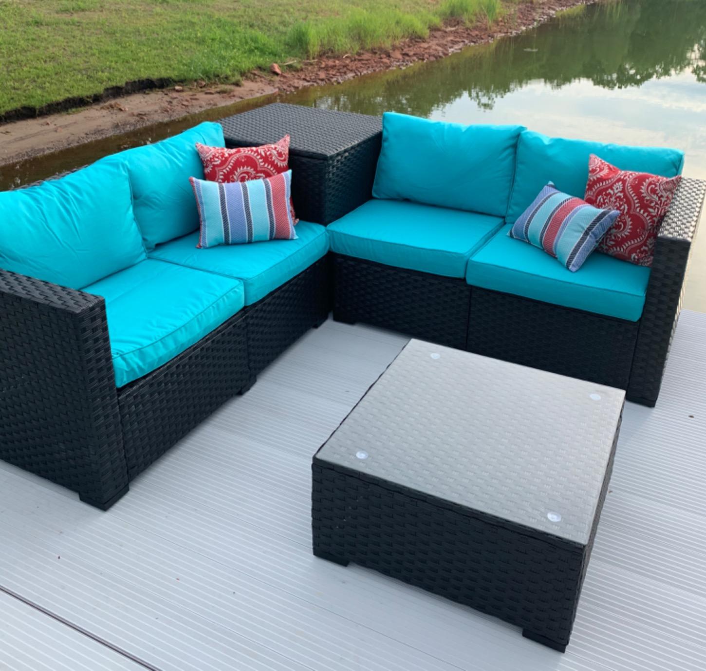 WAROOM Patio Furniture Set 4 Piece Conversation Sets Brown Rattan Outdoor Couch Loveseat Wicker Sectional Sofa with Storage Box Glass Top Table, Khaki Cushion customer photo 1