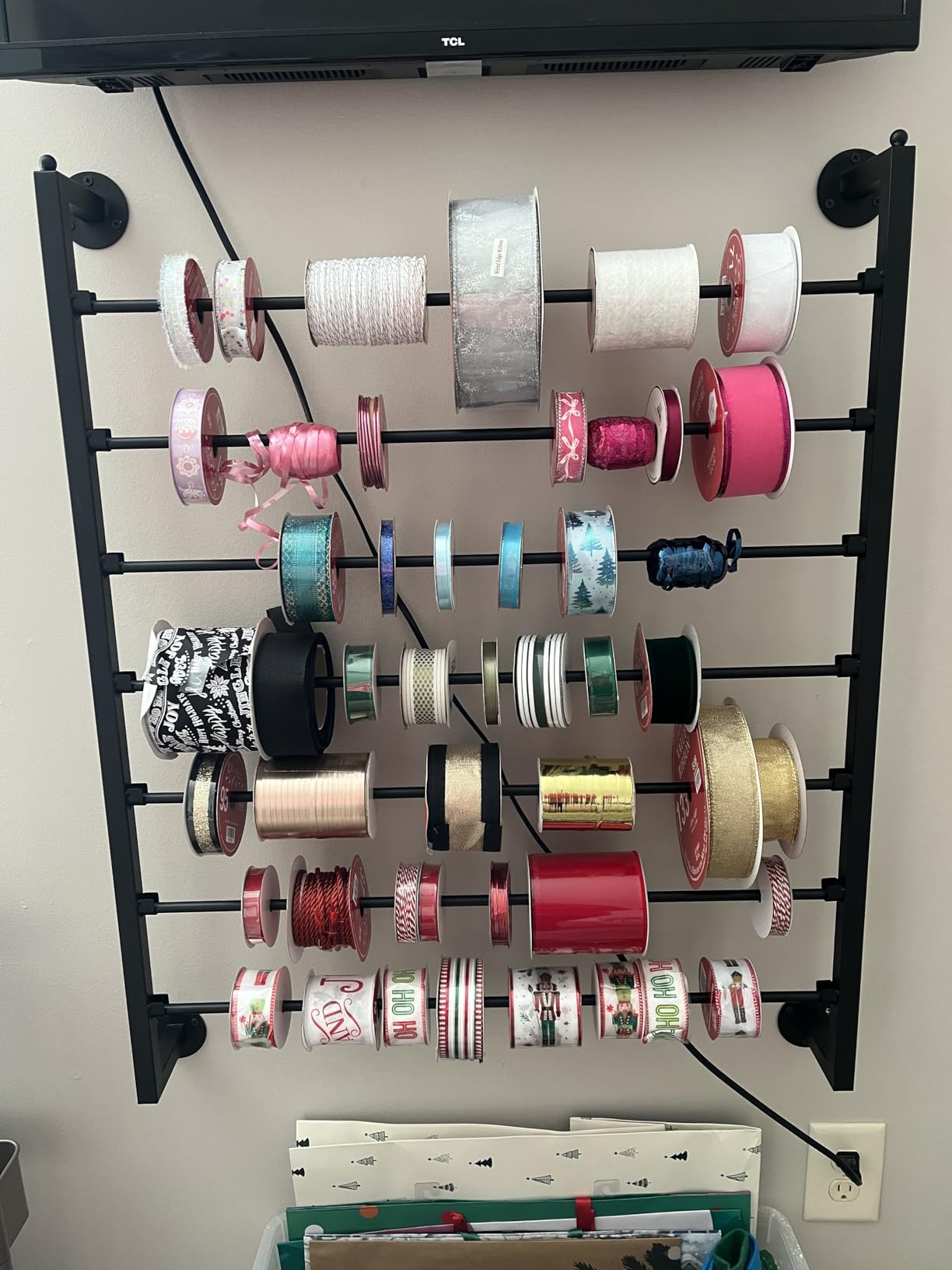 ikare Ribbon Storage Organizer,Wall Mounted Ribbon Organizer,Wrapping Paper Rack,7-Tier Metal Ribbon Storage for Craft Room,Flower Shop,Christmas Gift Wrapping Paper customer photo 1