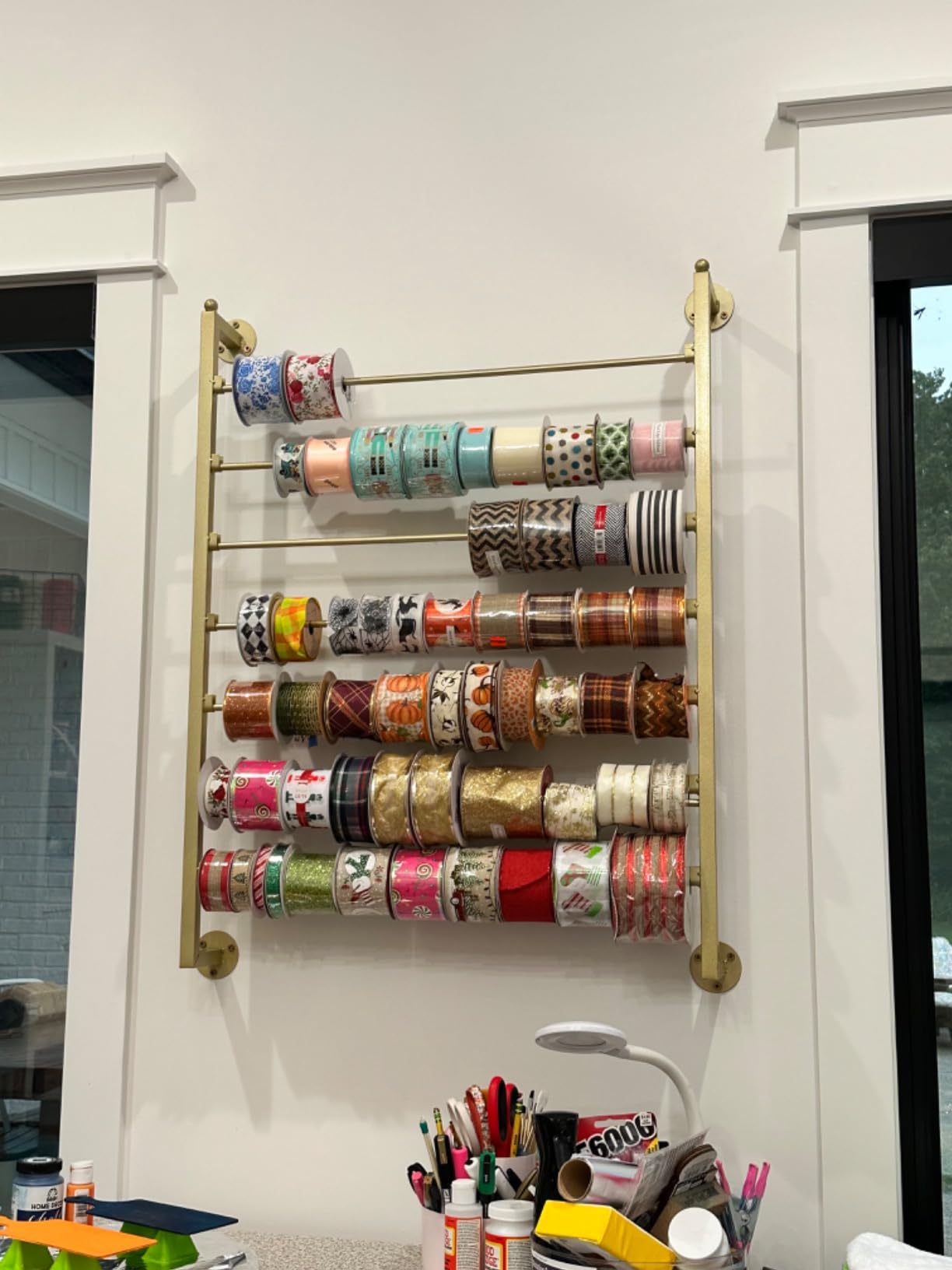 ikare Ribbon Storage Organizer,Wall Mounted Ribbon Organizer,Wrapping Paper Rack,7-Tier Metal Ribbon Storage for Craft Room,Flower Shop,Christmas Gift Wrapping Paper customer photo 2