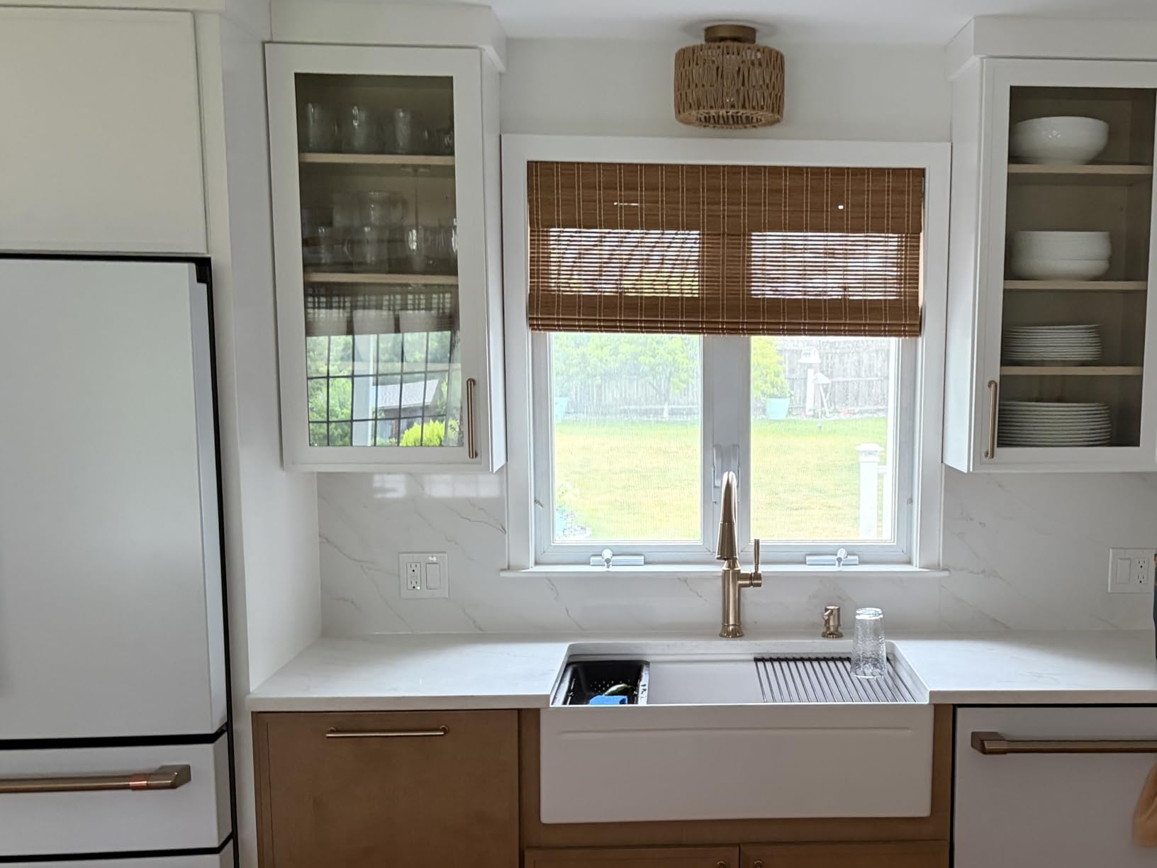 LazBlinds No Drill Bamboo Roman Shades, 34x64, Ceylon Light Russet | Light Filtering Window Treatment, No Tools Cordless Roll Up Bamboo Blinds for Window customer photo 1
