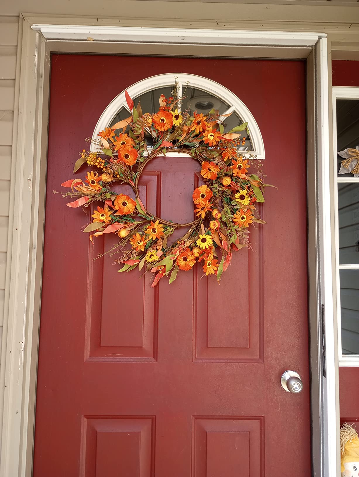 J'FLORU Artificial Fall Wreath 22 Inch Autumn Wreaths for Front Door Orange Daisy Wreath with Wildflowers Berries for Indoor Outdoor Wall Farmhouse Thanksgiving Day Harvest Festival Celebration customer photo 1
