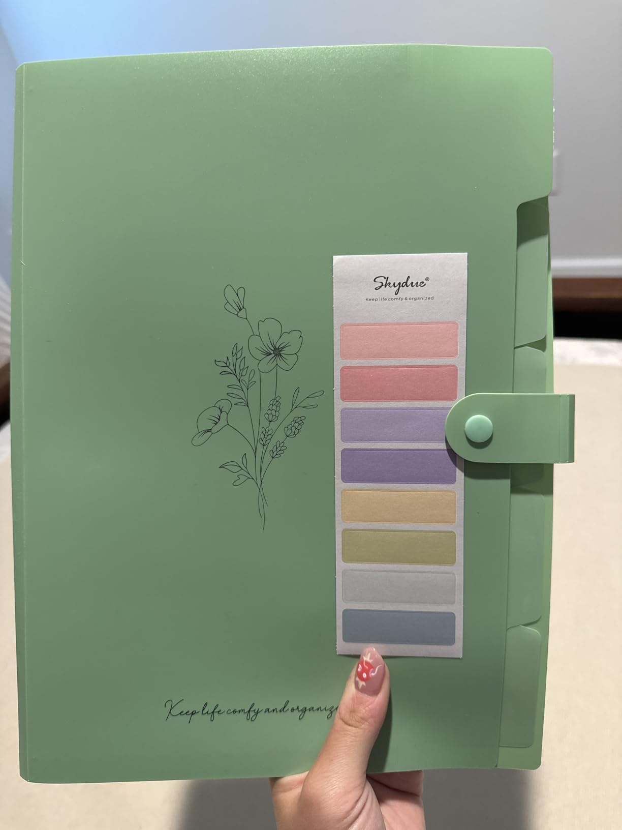 SKYDUE Expanding File Folder with 5 Pockets, Aesthetic Accordion File Organizer, Portable Document Paper Bill Receipt Organizer, School Office Supplies, Letter/A4 Size, (1, Pea Green) customer photo 2