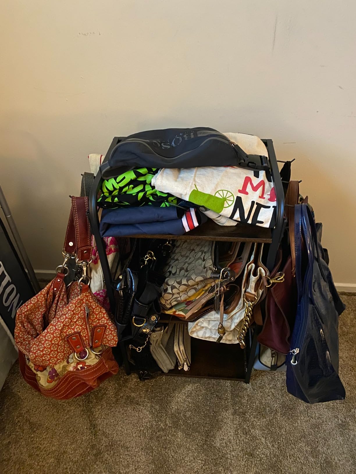 Iron & Wood Floor-Standing 3-Tier Purse Rack with Adjustable Feet, High-Capacity Bag Organizer for Closet, Patent Pending customer photo 1