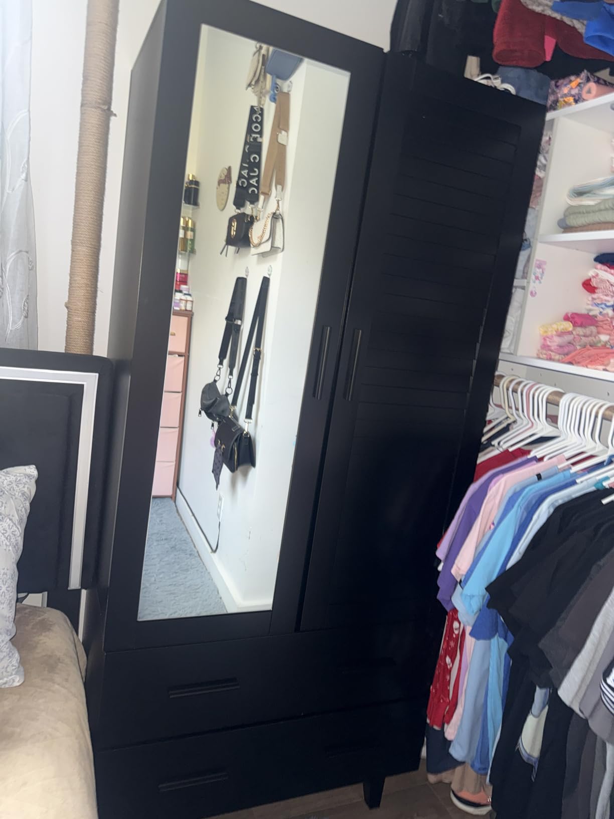 jiteentarou 4 Door Armoire Wardrobe Closet Cabinet with Drawers and LED Lights, Multi-Tier Shelves, Hanging Rod & 4 Louver Doors, Large Capacity Storage Wardrobe Armoire for Bedroom(4 Doors White) customer photo 1