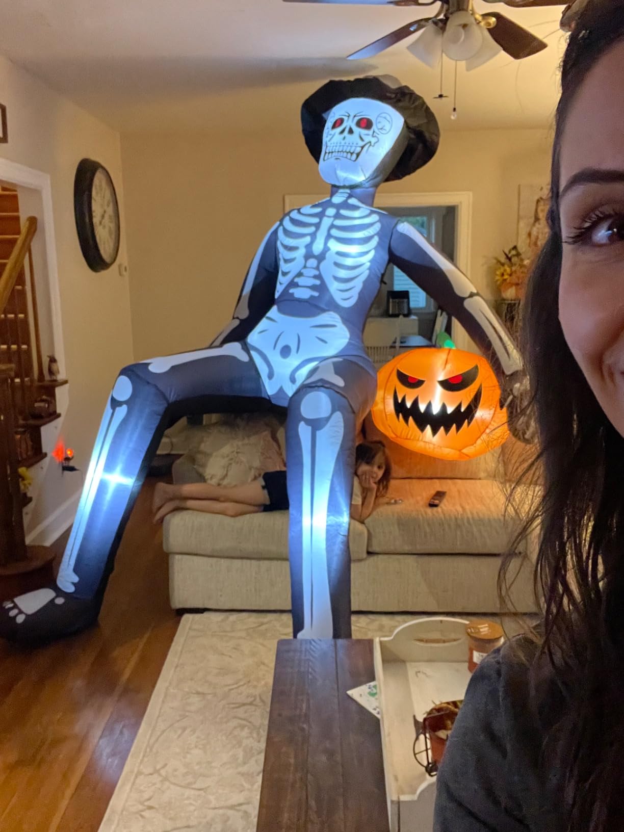 OurWarm 10 FT Inflatables Skeleton Halloween Decor Outdoor, Giant Blow Up Decorations Holding Pumpkin, Scary Halloween Inflatables Sitting Skeleton with Built-in LEDs for Rooftop Balcony Garden Party customer photo 1