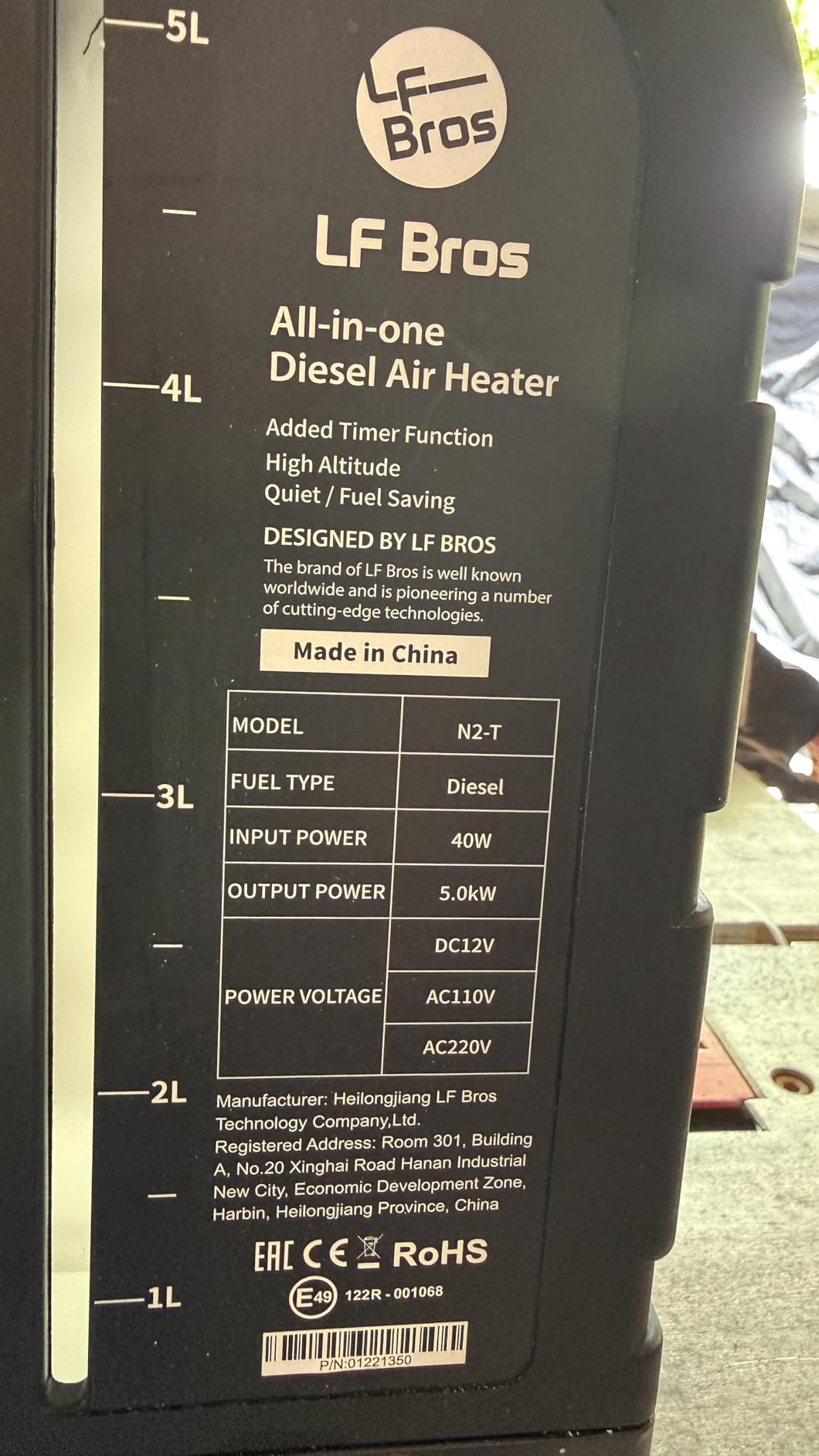 LF Bros 110V/12V 5KW All-in-1 Diesel Heater, 5L Air Diesel Parking Space Heater with Plateau Mode, Come with Remote, T4 LCD Controller and Timer, Suitable for Home Shop Garage Camper customer photo 2