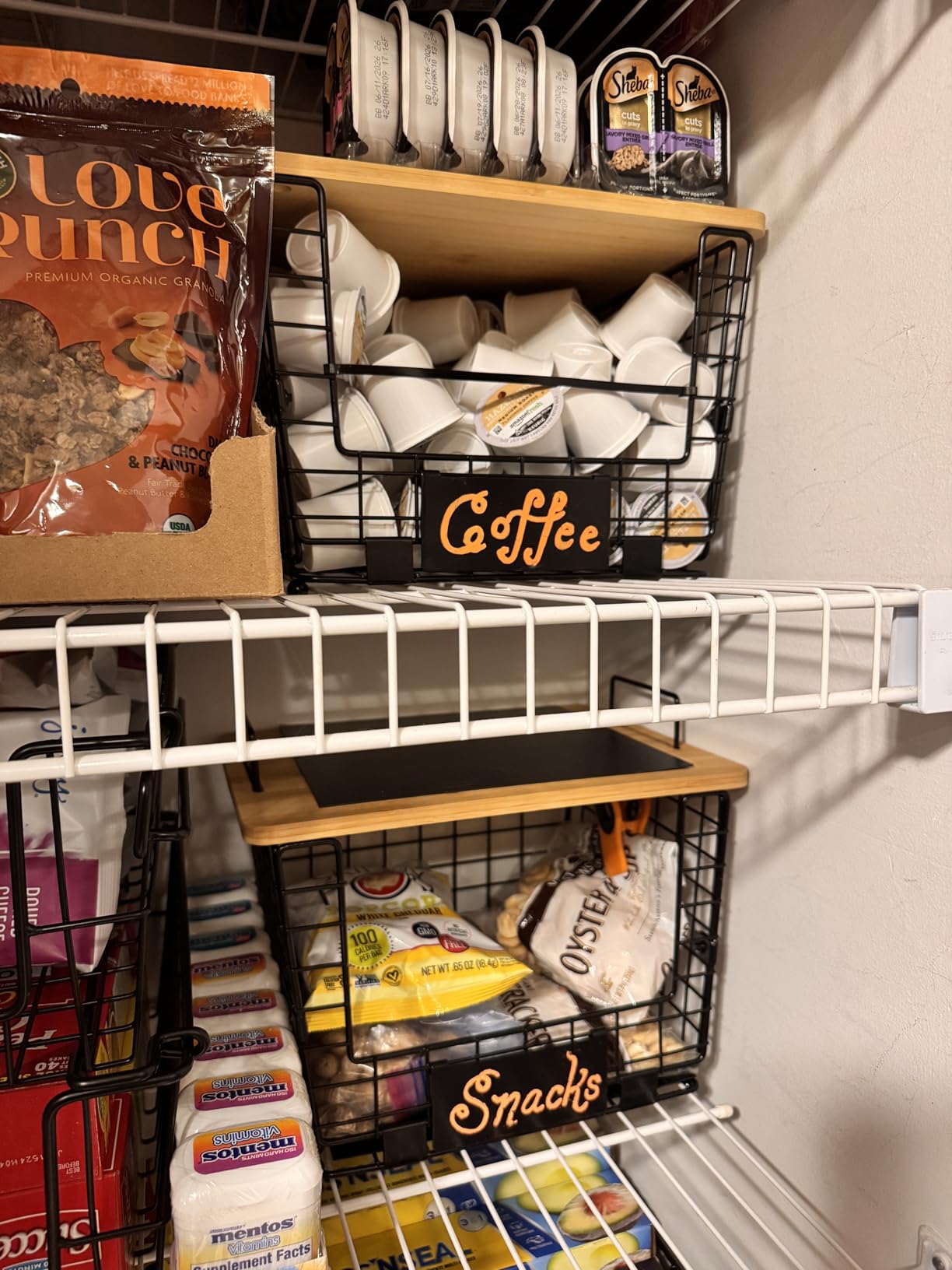 2 Set Large Stackable Wire Basket with Bamboo Tops & Tag- Pantry Organizer and Storage Bins, Kitchen Counter Cabinet Shelf Countertop Under Sink Organizing for Food Snack Produce Onion Potato Bread customer photo 2