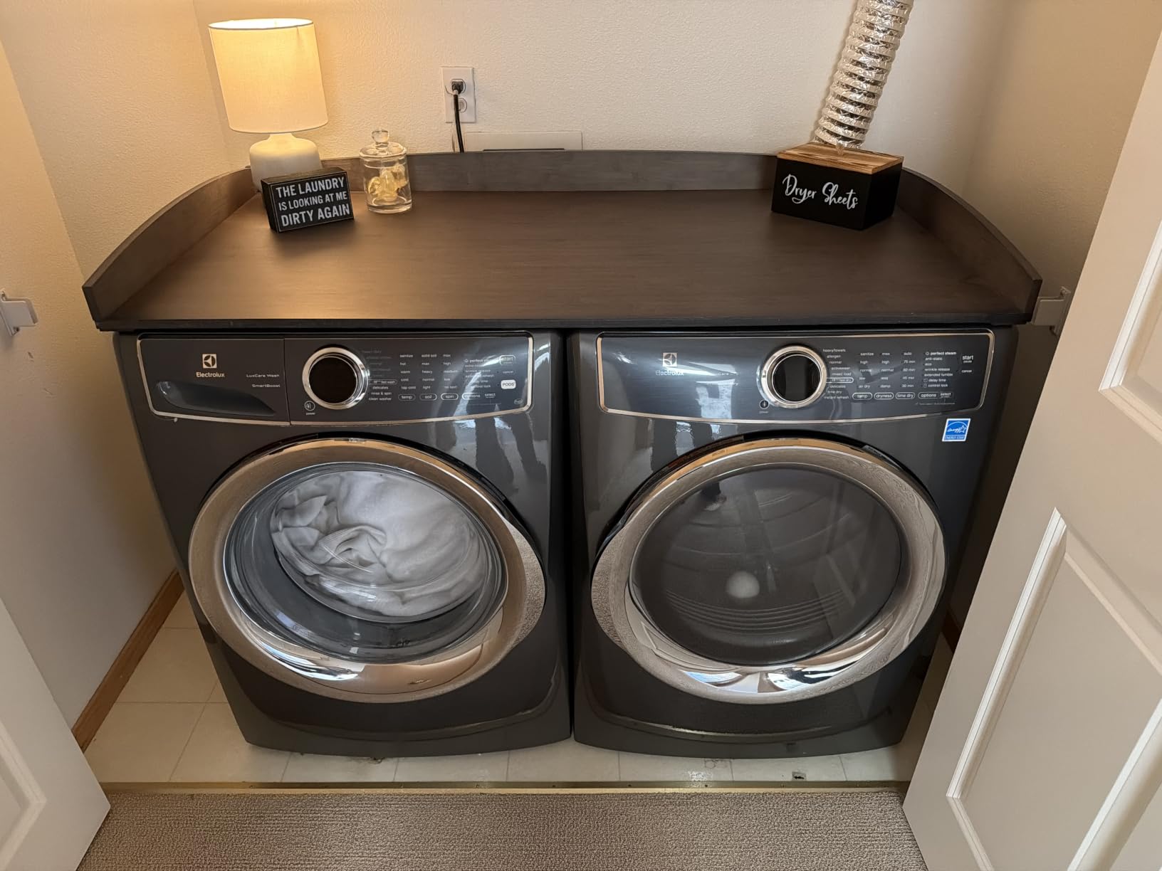 Nedura Washer Dryer Countertop with Anti-Vibration Pads, Curved Edge Rails, Premium Bamboo Laundry Countertop, Washer Dryer Topper, Laundry Room Organization, Laundry Room Accessory – Dark Walnut customer photo 2