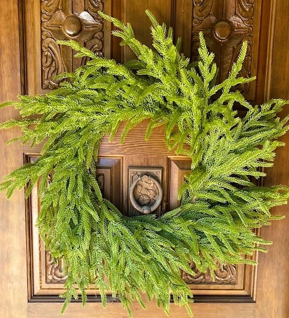 ENVEN 2 Pack Artificial Christmas Wreaths for Front Door, Norfolk Pine & Cedar Greenery with Red Velvet Bows, Real Touch Holiday Wreaths for Indoor Outdoor Decoration, No Assembly Needed customer photo 1
