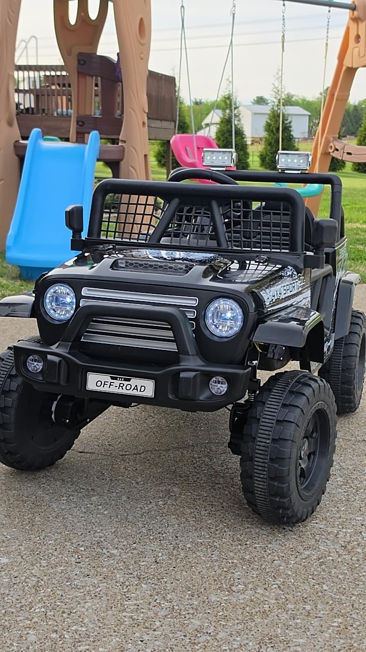 24V Ride on Toys, 2 Seater Kids Electric Car w/Remote Control, 4X4 Motor, 3 Speed, Bluetooth Music, Spring Suspension, LED Light, Off Road Power Car Wheel for Boys Girls Ages 3-8(D-Black) customer photo 2