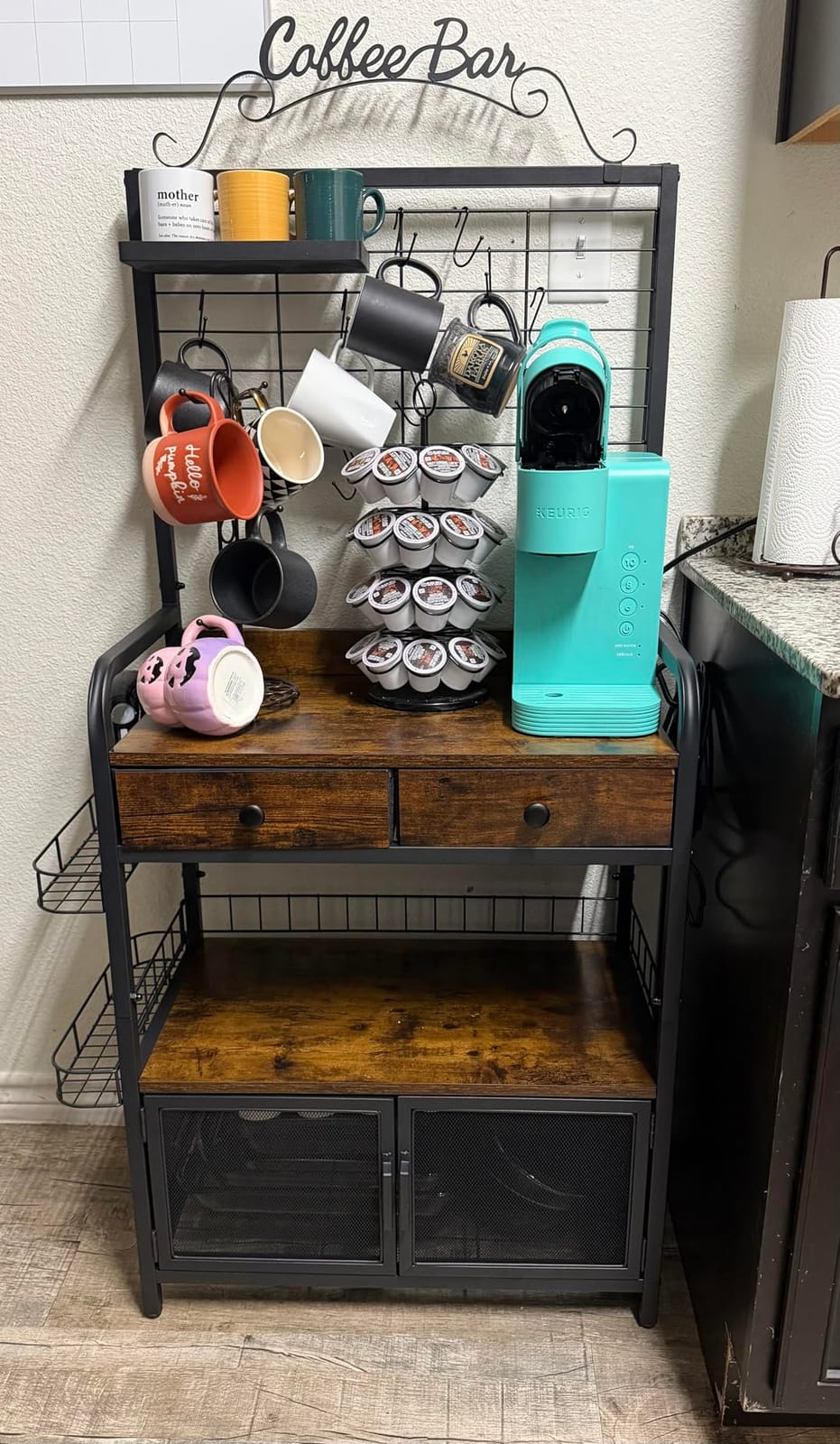 Rolling Coffee Bar Cart for Small Spaces, Coffee Station Cabinet with Storage, Apartment Coffee Nook, Side Syrup Rack, Tea Pod Drawer, Magnetic Doors, Lockable Wheels, Rustic Brown customer photo 1